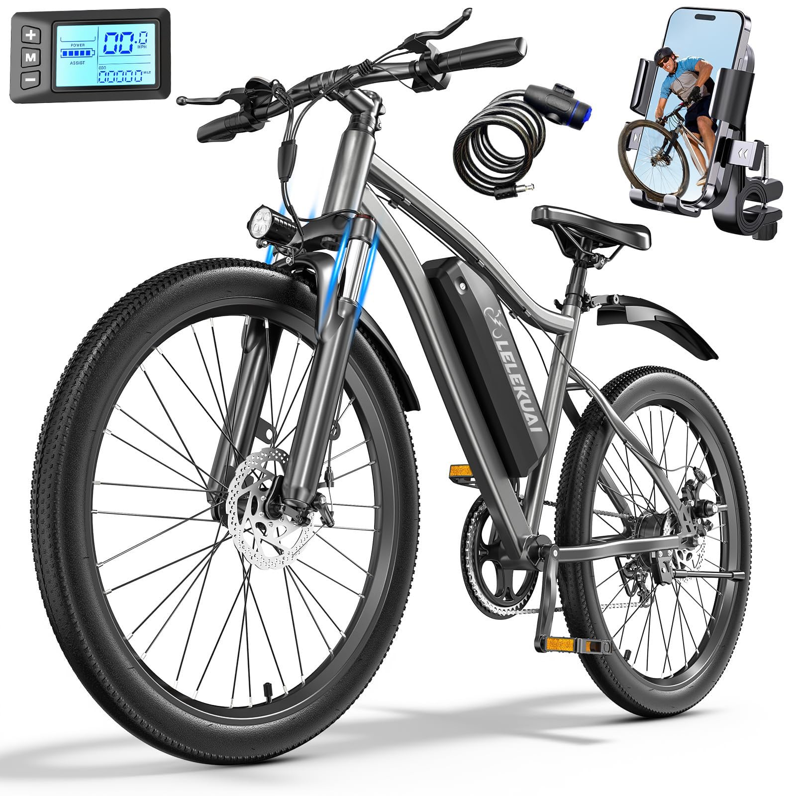 Electric Bike for Adults, 26" Commuter Ebikes with 7-Speed Gears, 25MPH Lightweight E Bike, 720W Peak Motor, 375Wh Removable Battery, 50 Miles Range, Electric Mountain Bicycle for All Terrain (White)