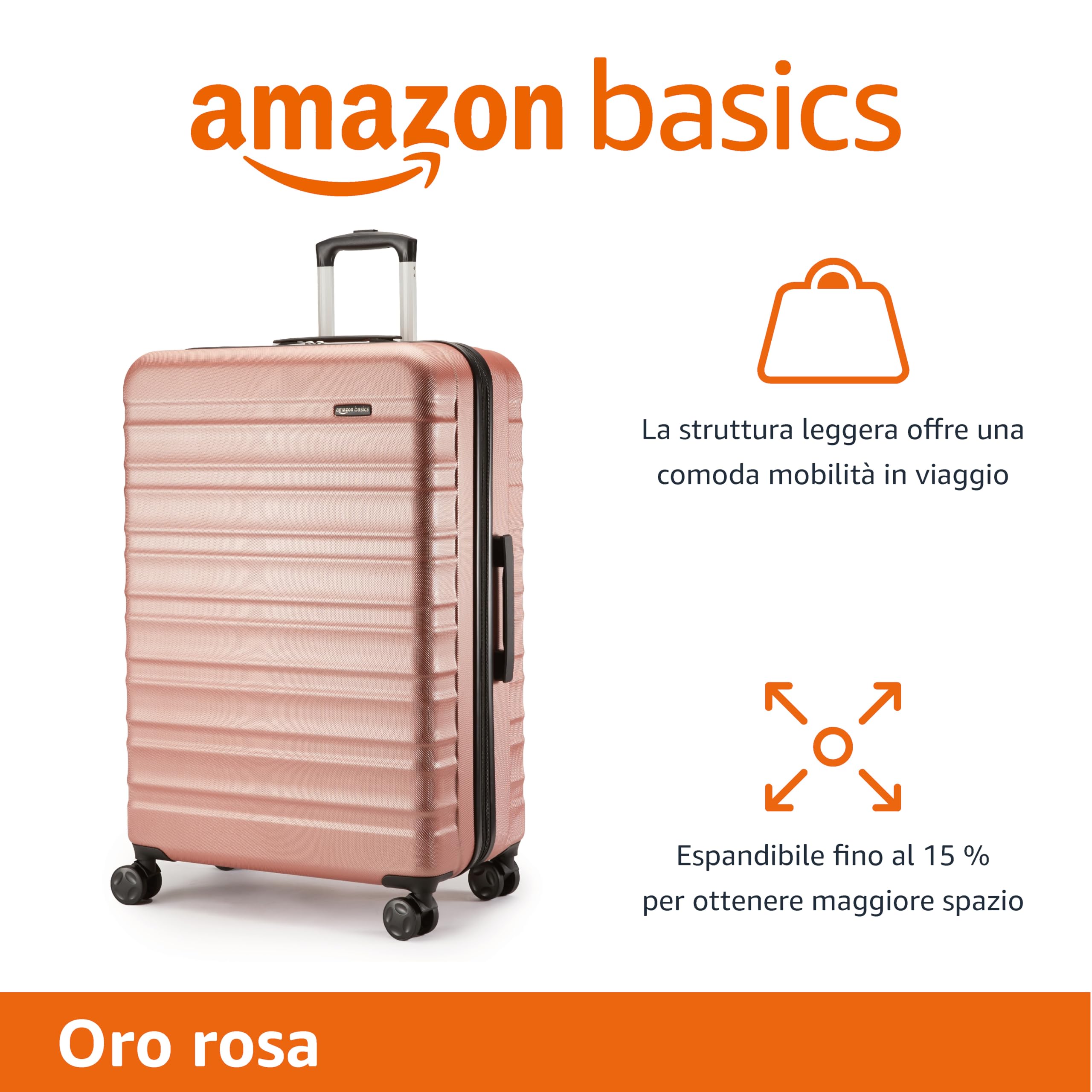 Amazon Basics Valigia Rigida Grande (78 cm), Guscio in ABS Antigraffio, Espandibile, 4 Ruote Girevoli, Oro Rosa