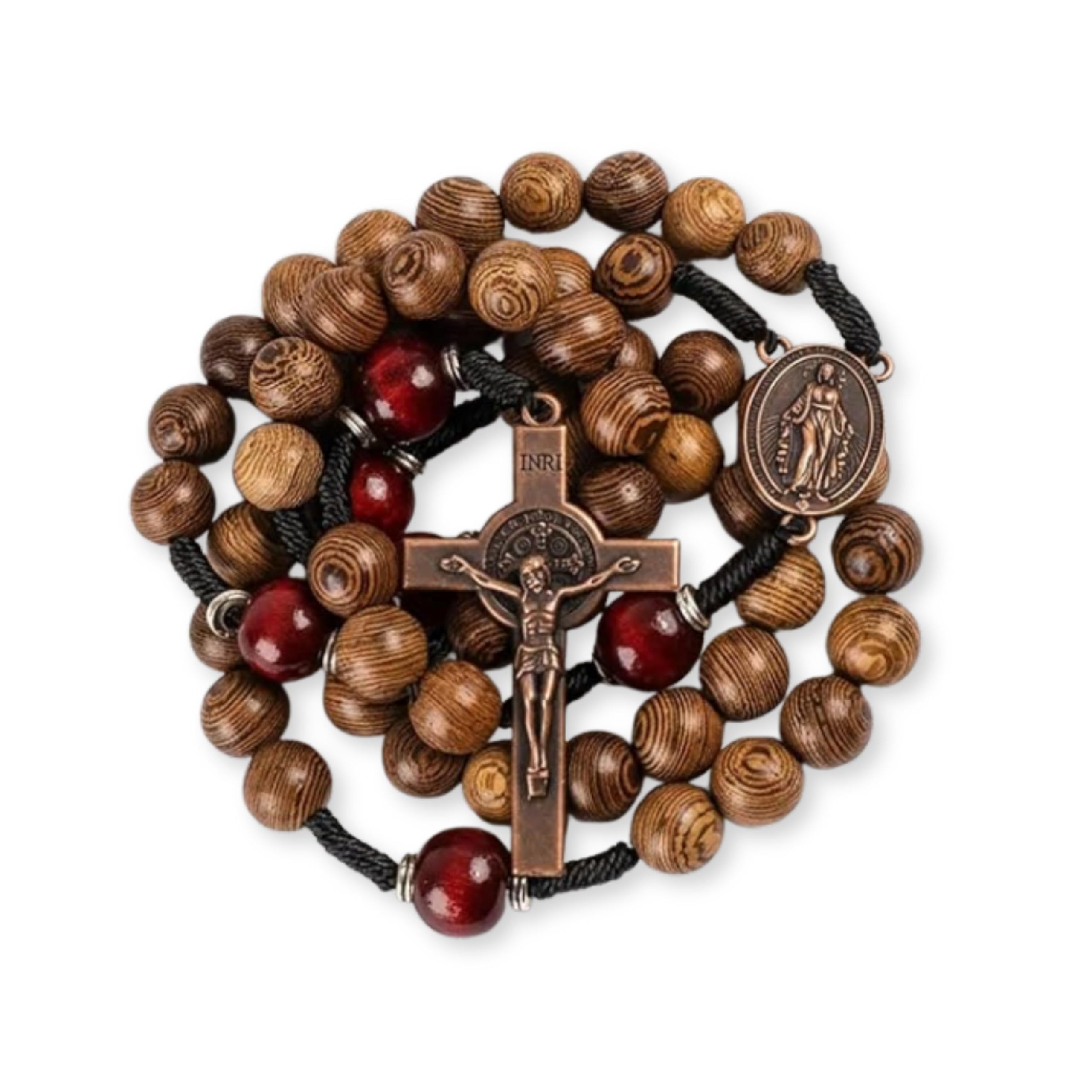 Classic 10mm Solid Wood Rosary Beads Necklace for Men Olive & Dark Red Wooden Strong Rugged Corded Catholic Rosary with St.Benedict Medal & Cross Crucifix