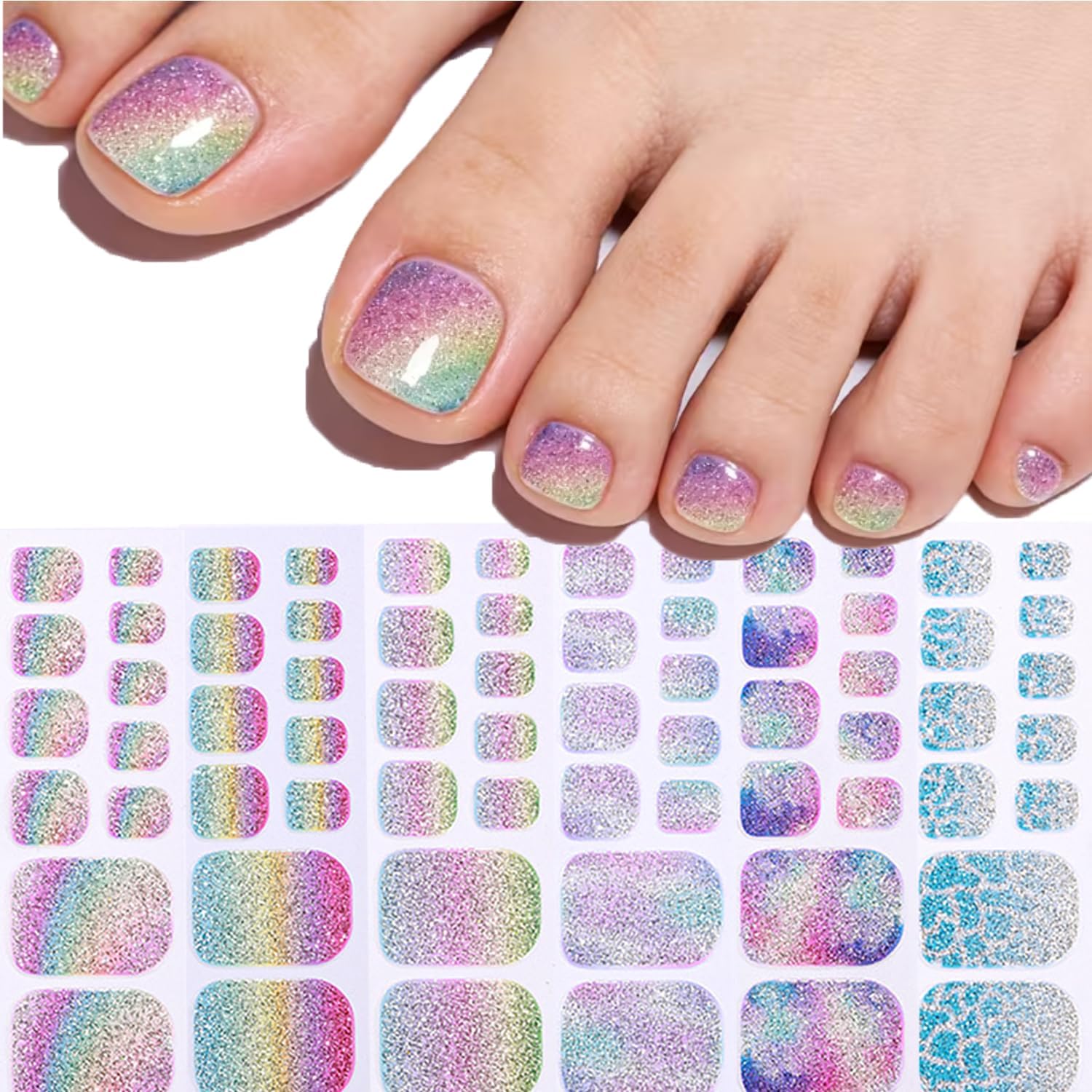 Gradient Glitter Full Nail Wraps Summer Dopamine Toe Nail Polish Stickers Strips Toenail Stickers 3D 6Sheets Self-adhesive Toe Nail Full Cover Decals Supplies for Women Manicure Accessories Decoration