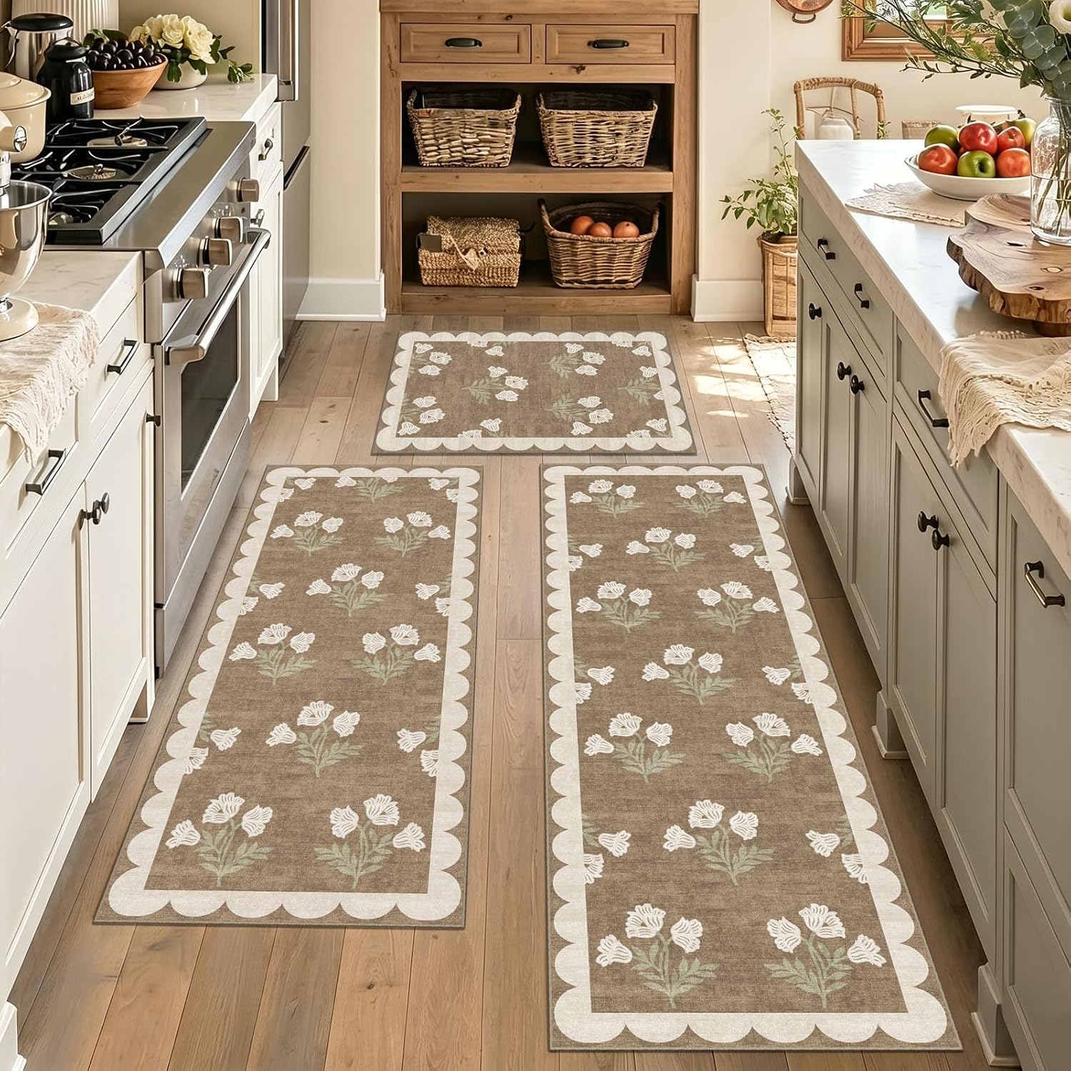 Kitchen Rugs Sets of 3 Non-Slip Washable - Kitchen Runner Rug Floor Mat Spill & Stain Resistant Cottage Tan Scalloped Floral Small Throw Rugs for Entryway Bathroom Laundry Room Bedroom Decor