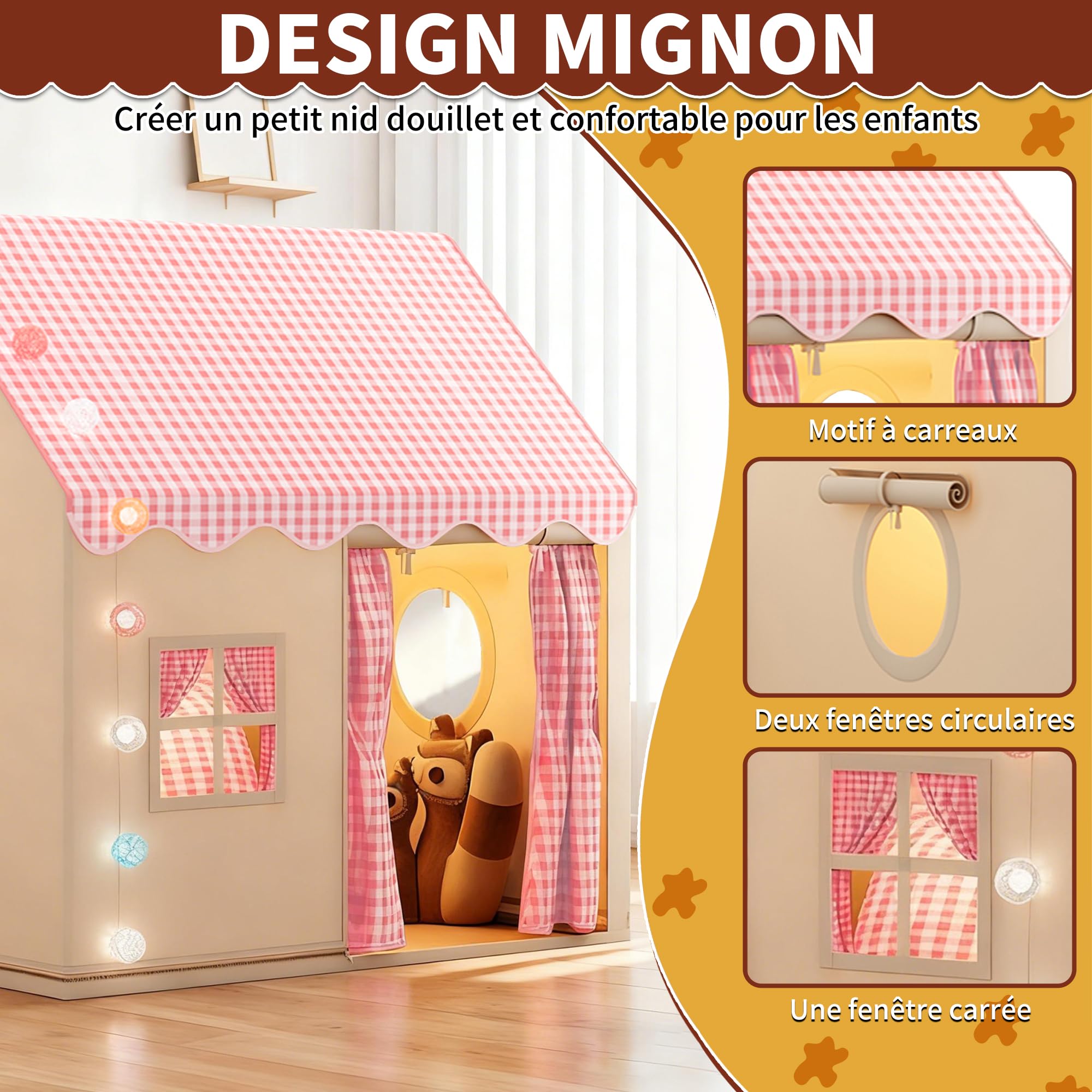 Tente de Jeu Enfant Cabane Tout-Petits avec Lumineuse Décorative Rose