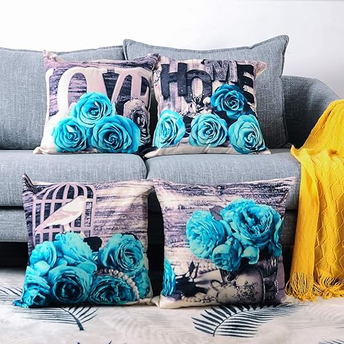 Miniatura 2 de Juego de 4 fundas de almohada turquesa de 20 x 20 pulgadas, color verde azulado, gris aguamarina, funda de almohada rosa para sofá, sofá, floral,