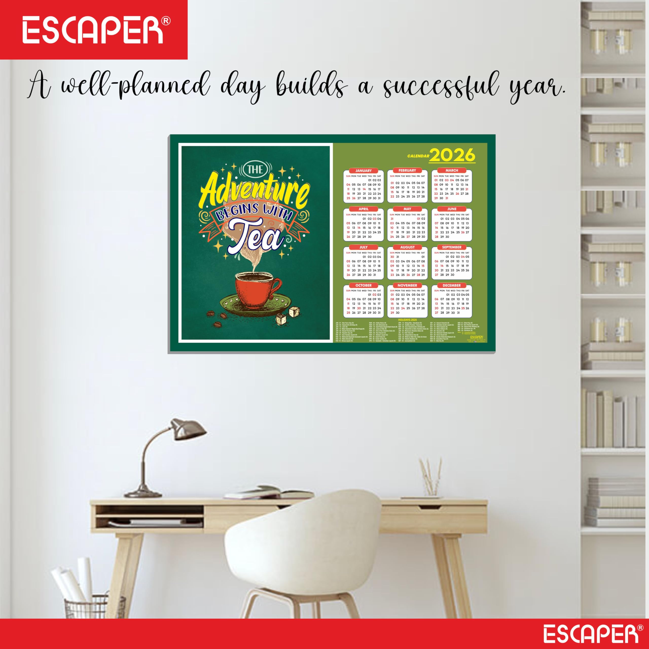 ESCAPER Tea Lovers - Calendario de pared 2026 – 12 x 18 pulgadas, papel laminado de 300 g/m², calendario autoadhesivo de una sola página para decoración de oficina, hogar y cafetería, regalo perfecto