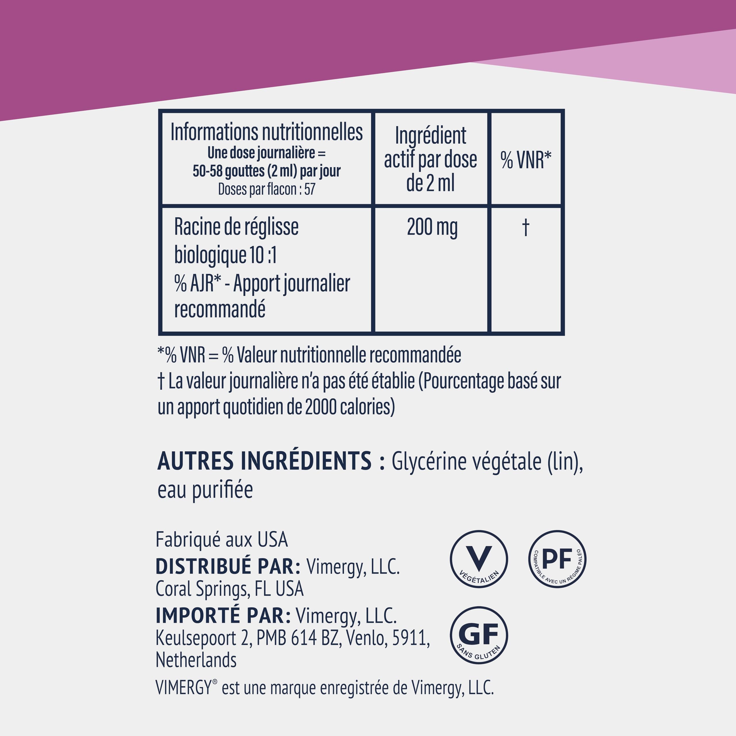 Vimergy Extrait de Racine de Réglisse, 57 Portions - Complément à base de Réglisse - Gouttes - Végétalien - Formulé sans Sucre ni Liant - Sans OGM et sans Gluten (115 ml)