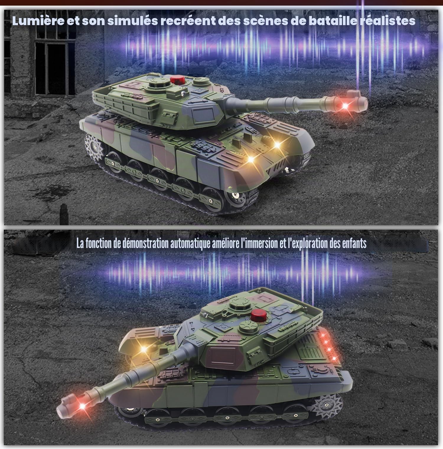 Char RC télécommandé avec fonction de tir infrarouge - 2,4 GHz - Tank de combat militaire - Jouet avec tour rotative à 360° - Lumière sonore - Modèle de véhicule militaire - Cadeau pour enfants