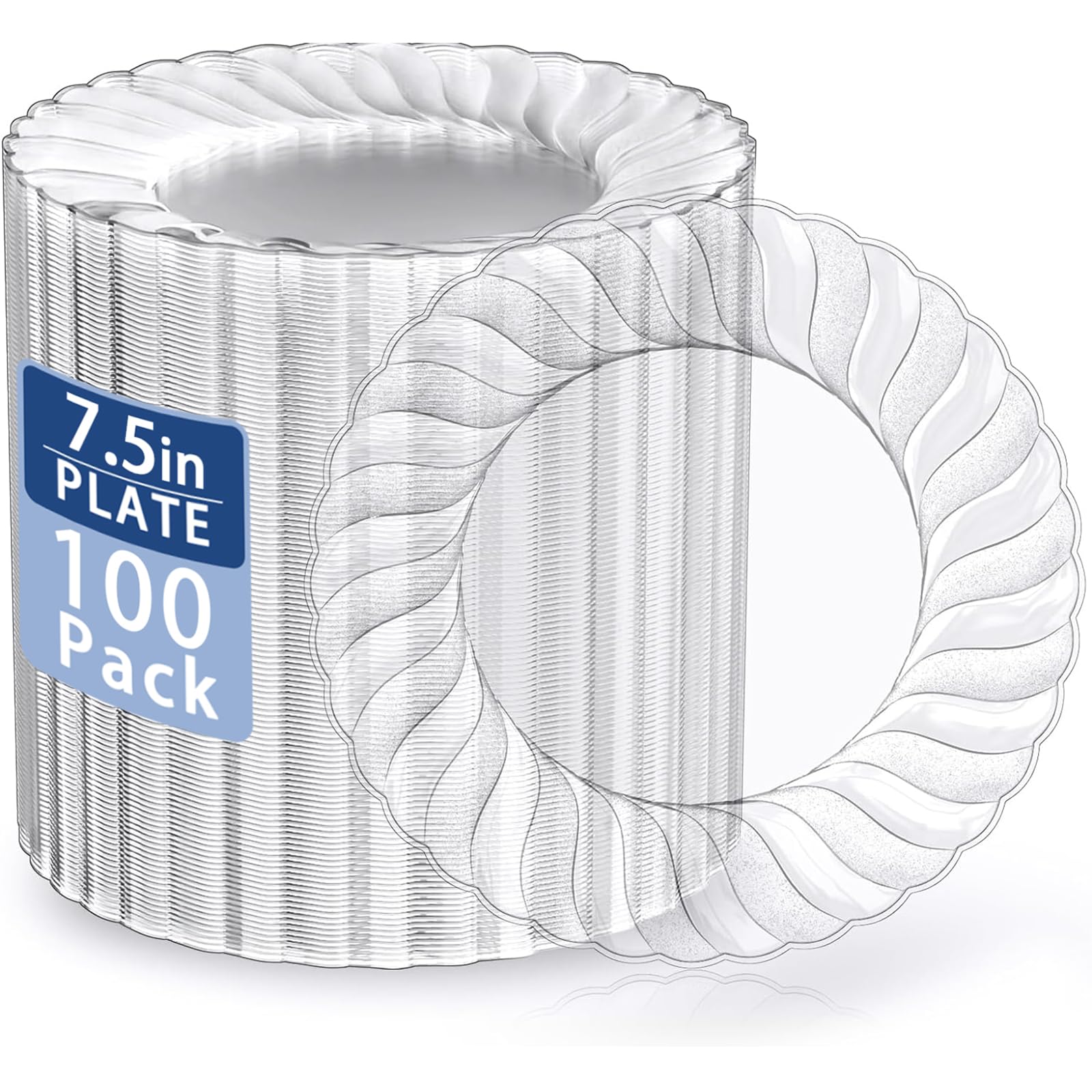 U-QE 100 Pieces Clear Plastic Plates - 7 Inch Plastic Dessert Plates Disposable - Washable & Reusable - Premium Hard Clear Fancy Disposable Heavy Duty Cake Platos for Party, Weddings and Events