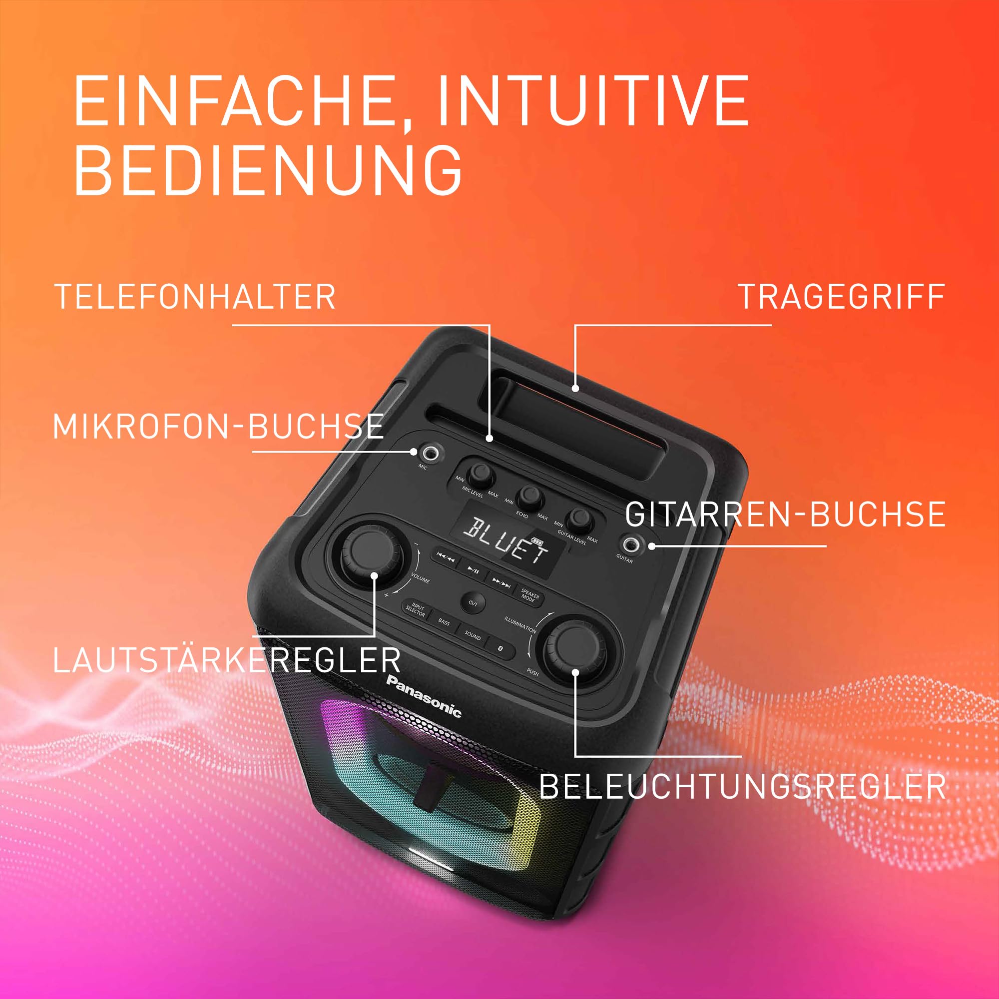 Panasonic SC-BMAX10E-K Tragbarer Party-Lautsprecher mit Bluetooth, integrierter Beleuchtung, 150 W, USB, optischem Eingang für TV, Gitarren- & Mikrofoneingängen für Karaoke, Schwarz