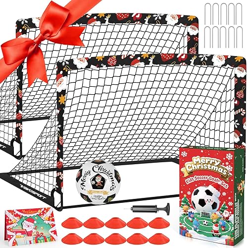Christmas Kids Soccer Goal Set, 2 Pack 4' x 3' Soccer Net Training Equipment, Stocking Stuffers Soccer Goals for Backyard & Indoor Sports Outdoors