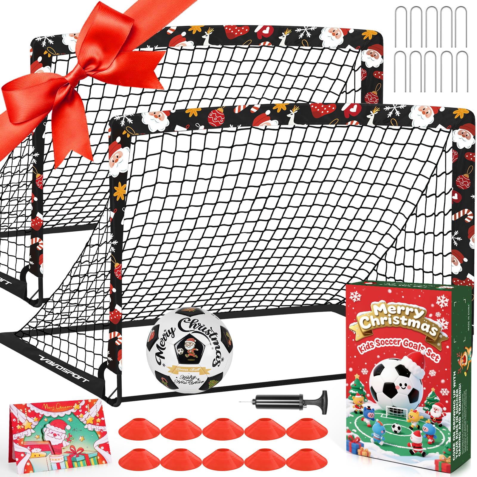 VAVOSPORT Christmas Kids Soccer Goal Set, 2 Pack 4' x 3' Soccer Net Training Equipment, Stocking Stuffers Soccer Goals for Backyard & Indoor Sports