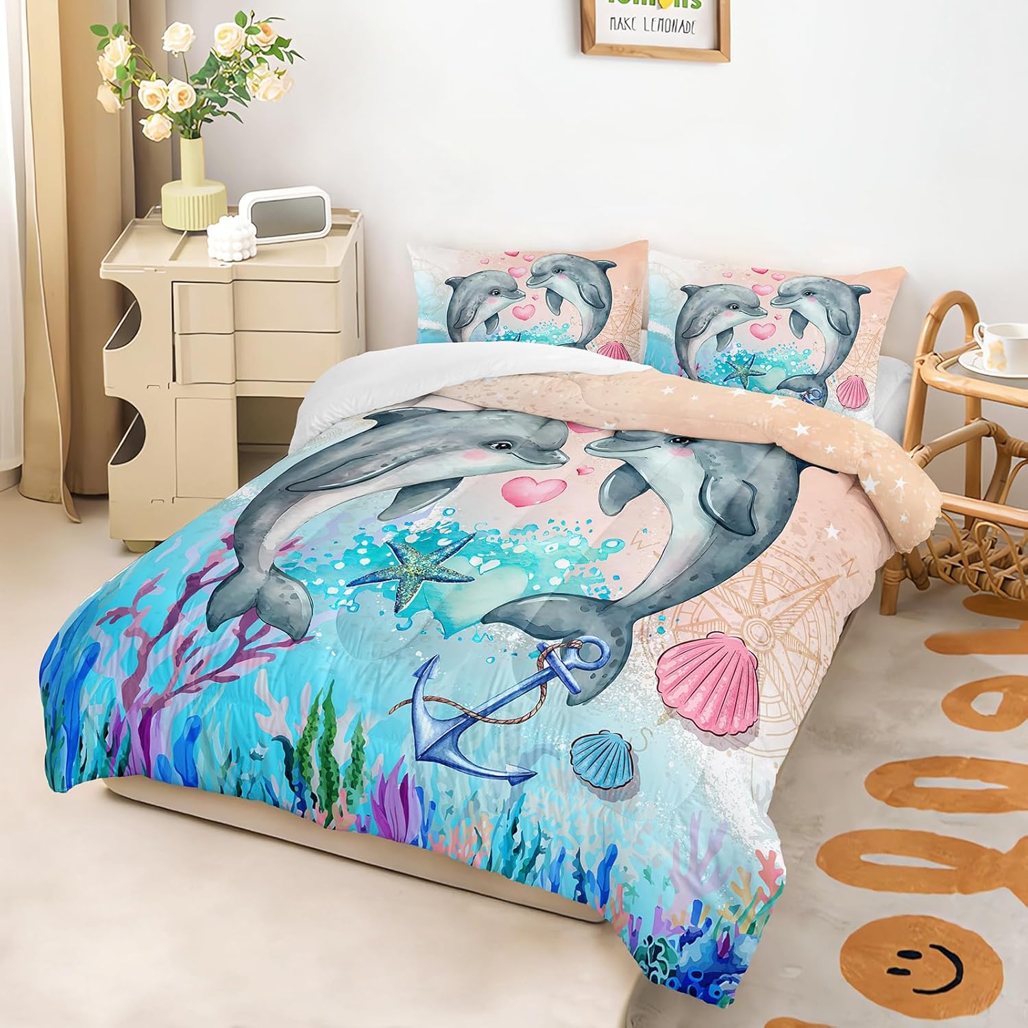 AILONEN Dolphin Comforter Set Full Size, Kawaii Jumping Dolphin Bedding Set for Kids Girls,Ocean Theme Bed in a Bag Duvet Set,3 Pieces,1 Quilt and 2 Pillowcases,Soft Microfiber