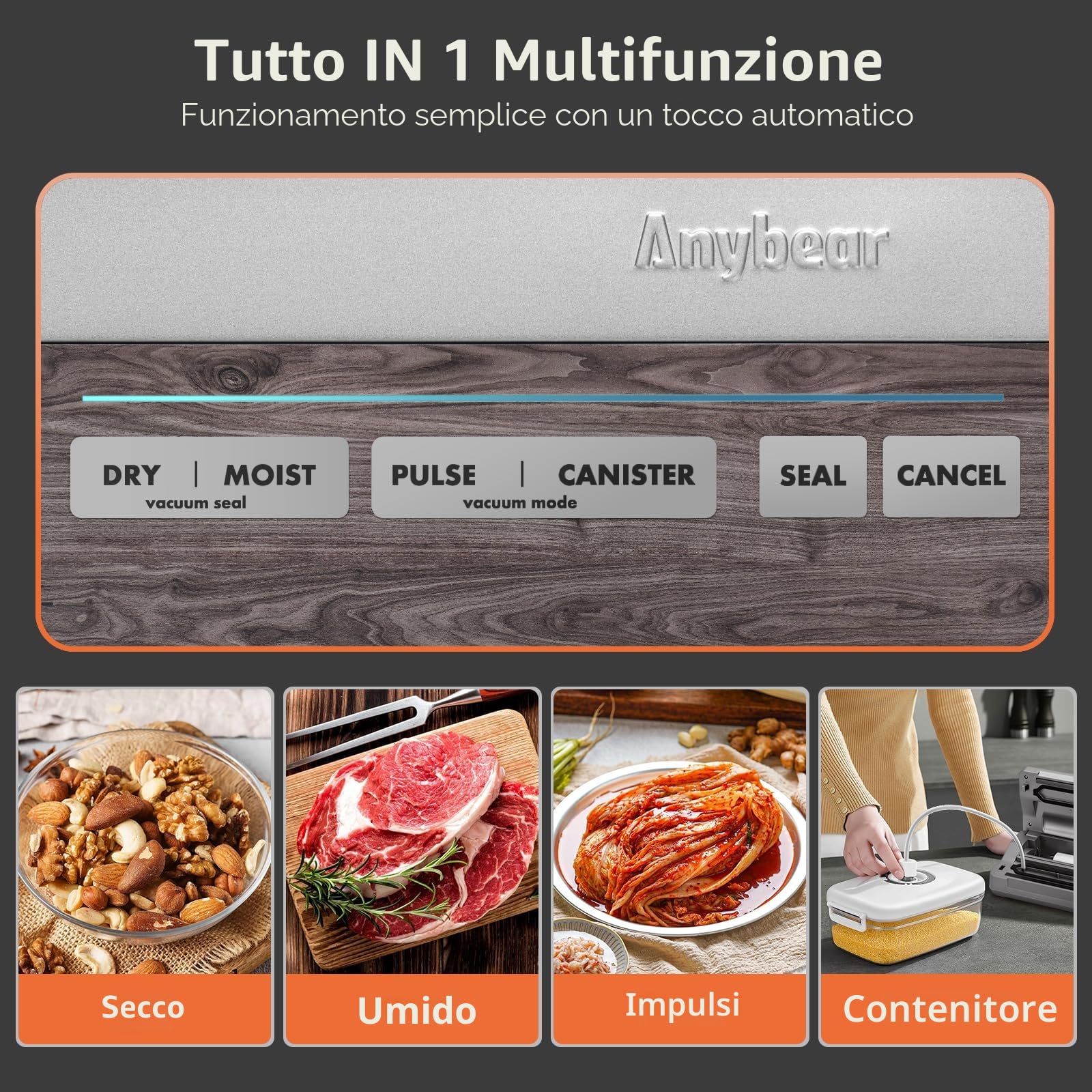 Macchina per sottovuoto, 90 kPa, 100 W, ampia tenuta, tutto in uno, potente contenitore per alimenti, taglierina integrata | Contenitore per sacchetti (Grigio A)