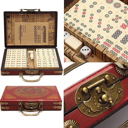 Miniatura 7 de Juego de mahjong chino con 144 piezas de mini azulejos de Mahjong, juego de Majong Mah Jongg tradicional portátil vintage con estuche de transporte