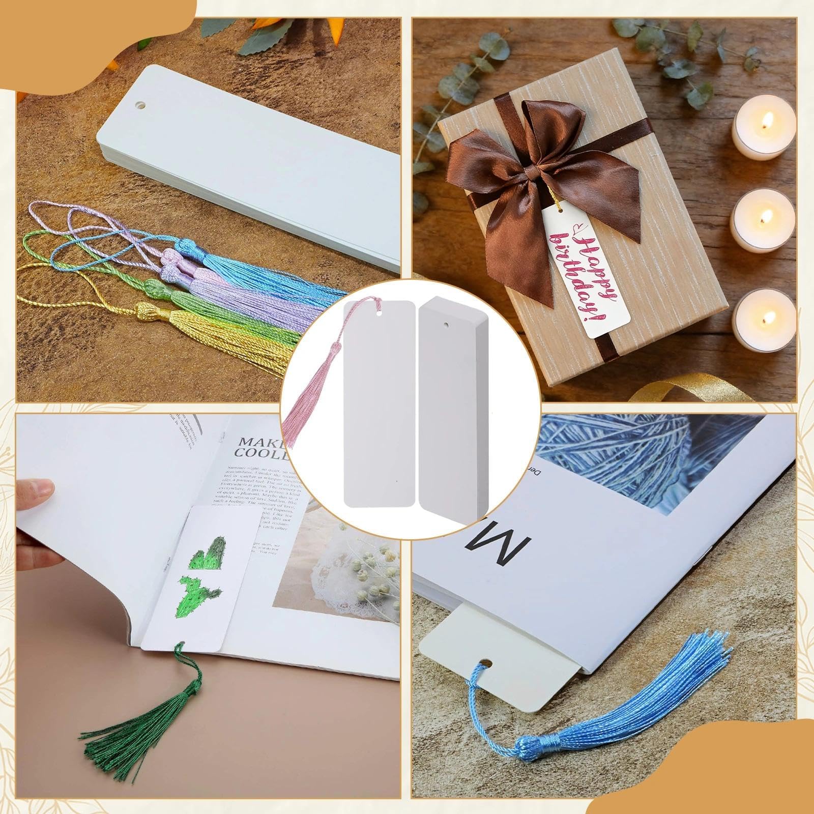 Marcapaginas Papel Personalizado 14x4.9 cm con Agujero Borlas 90 Piezas (Blanco)