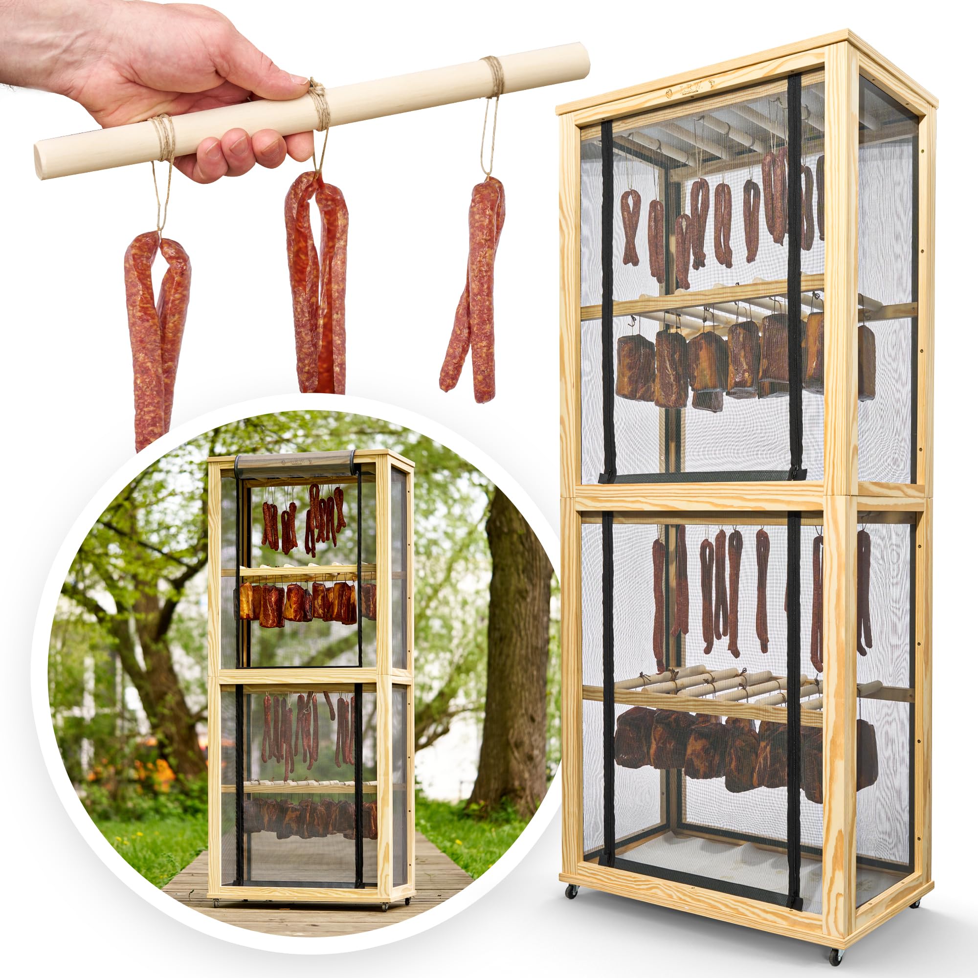 Armario de maduración de pie extra grande para carne, embutidos, pescado y queso – Cámara de secado de madera con protección contra insectos