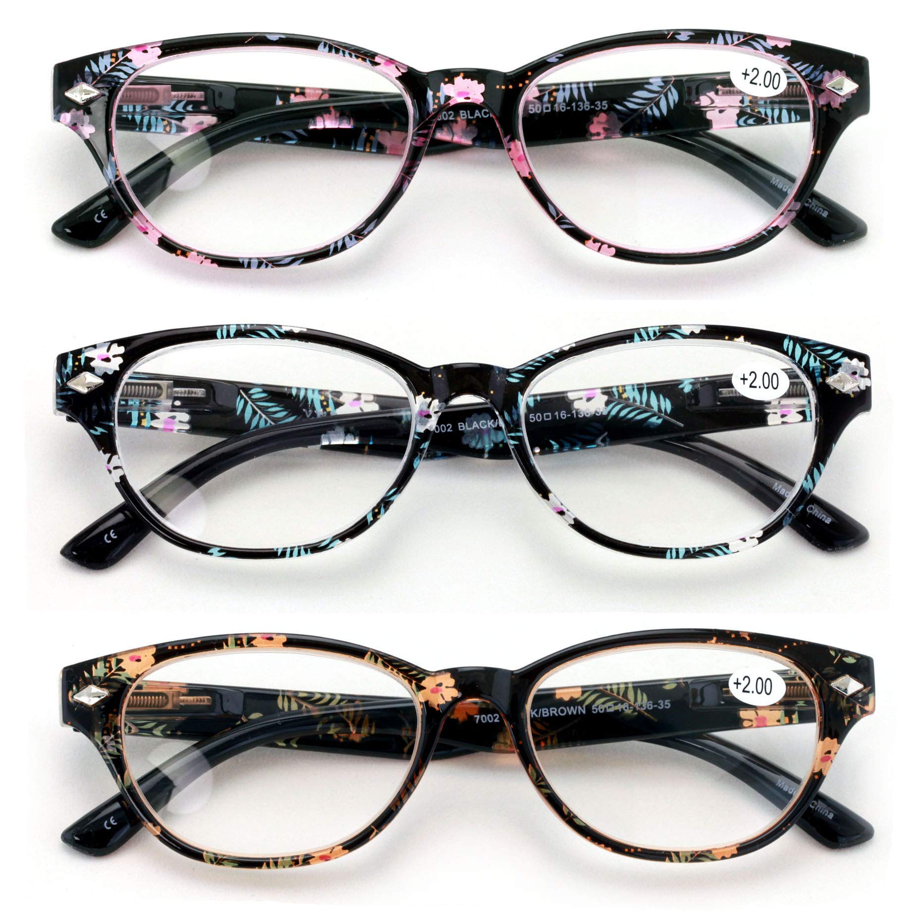 3 Pairs Women Classic Floral Readers With Spring Hinge - Oval Reading Glasses Magnification - Hawaiian (3 Pairs, 1.75)