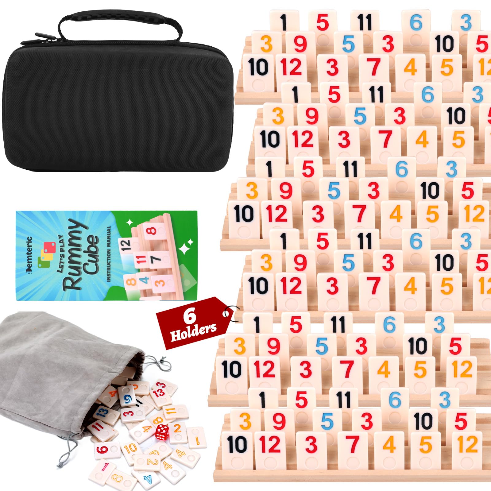 Photo 1 of Demteric Rummy Cube Game 6 Players with Portable Travel Case, 162 Melamine Rummy Tiles & 6 Wooden Holders, Classic Family Strategy Board Game for Adults Kids