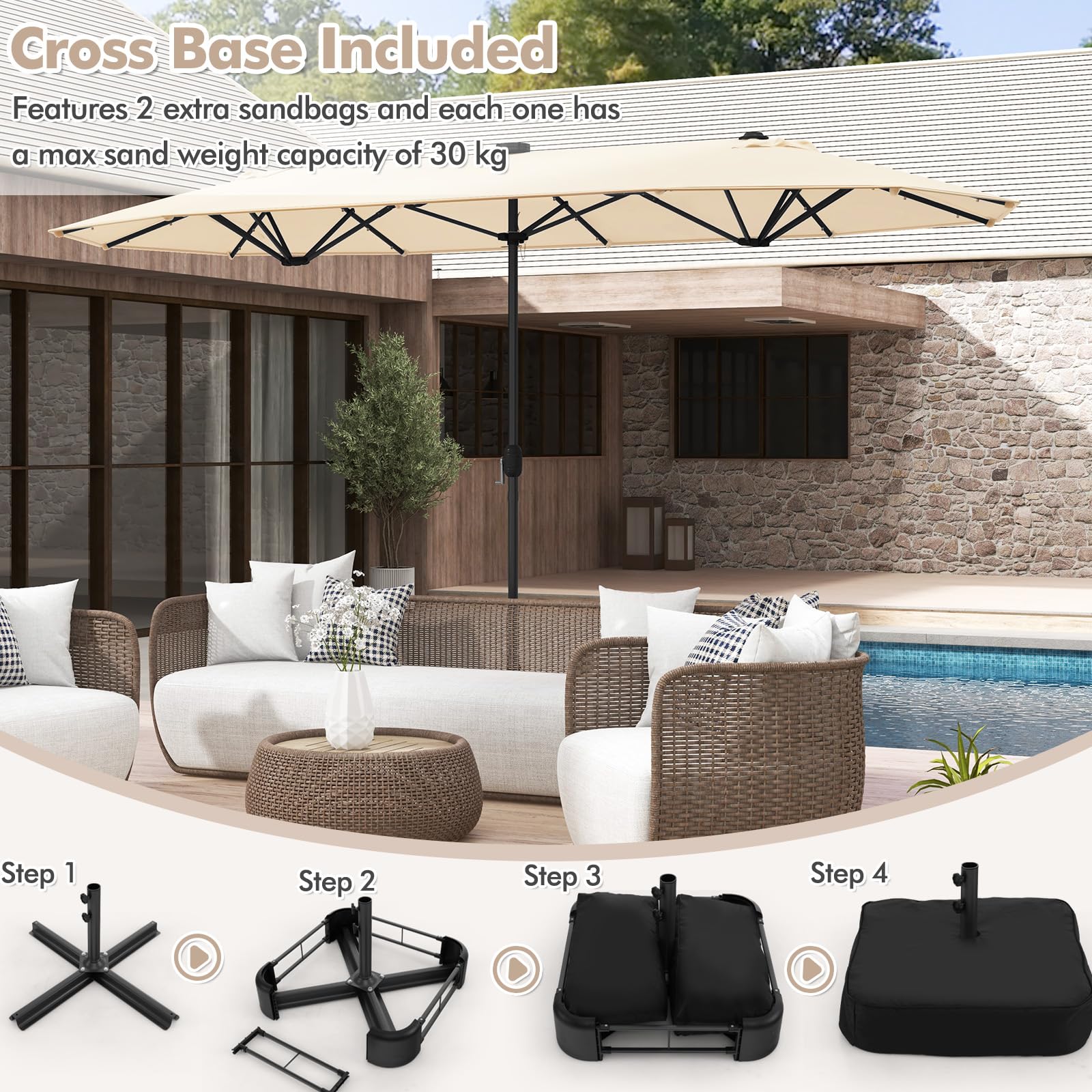 KOMFOTTEU Ombrellone da Giardino Doppio 4 x 2 m con LED, Ombrellone Rettangolare con Manovella e Base, Ombrellone da Balcone Grande Impermeabile, Ombrellone da Patio per Piscina, Cortile