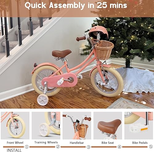 Miniatura 6 de Glerc Little Molly - Bicicleta de crucero retro para niños de 2 a 13 años de edad con cesta de mimbre y ruedas de entrenamientosoporte, varios