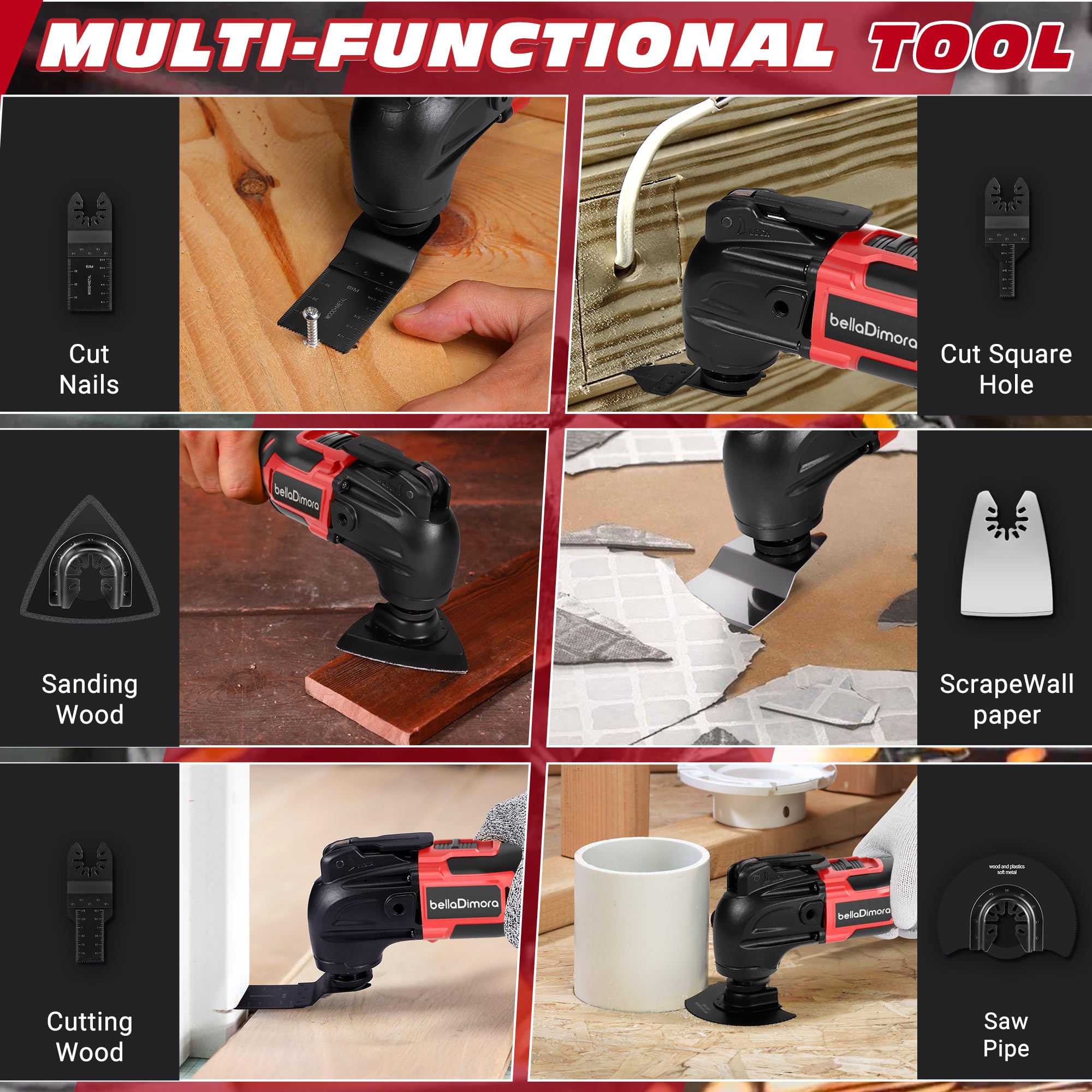 Multiherramienta oscilante compatible con batería Milwaukee de 18 V (batería no incluida), herramienta oscilante inalámbrica, motor sin escobillas, 6 velocidades variables, kit de 23 piezas para