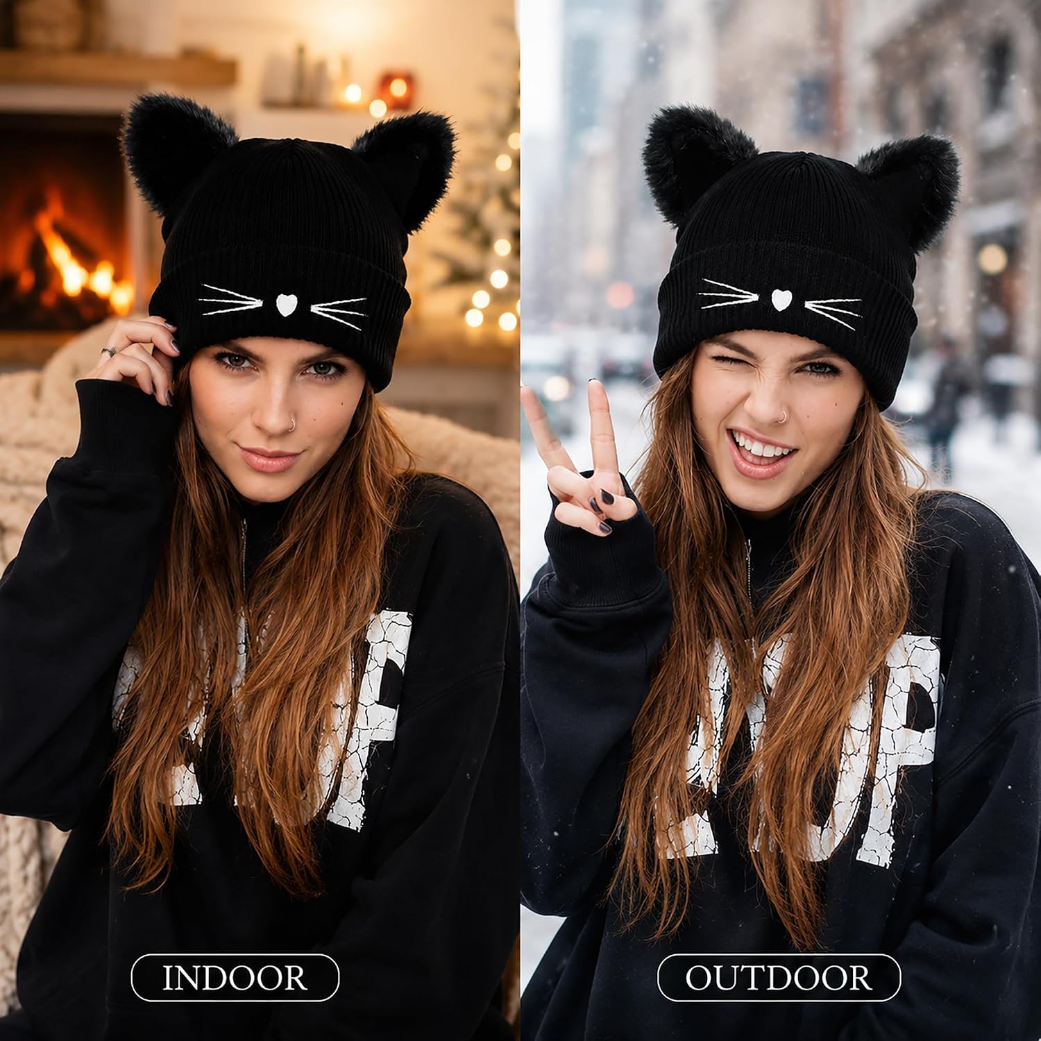Women Cat Ear Beanie Black Crochet Knitted Hat Warm Cute Y2K Winter Beanie for Adults