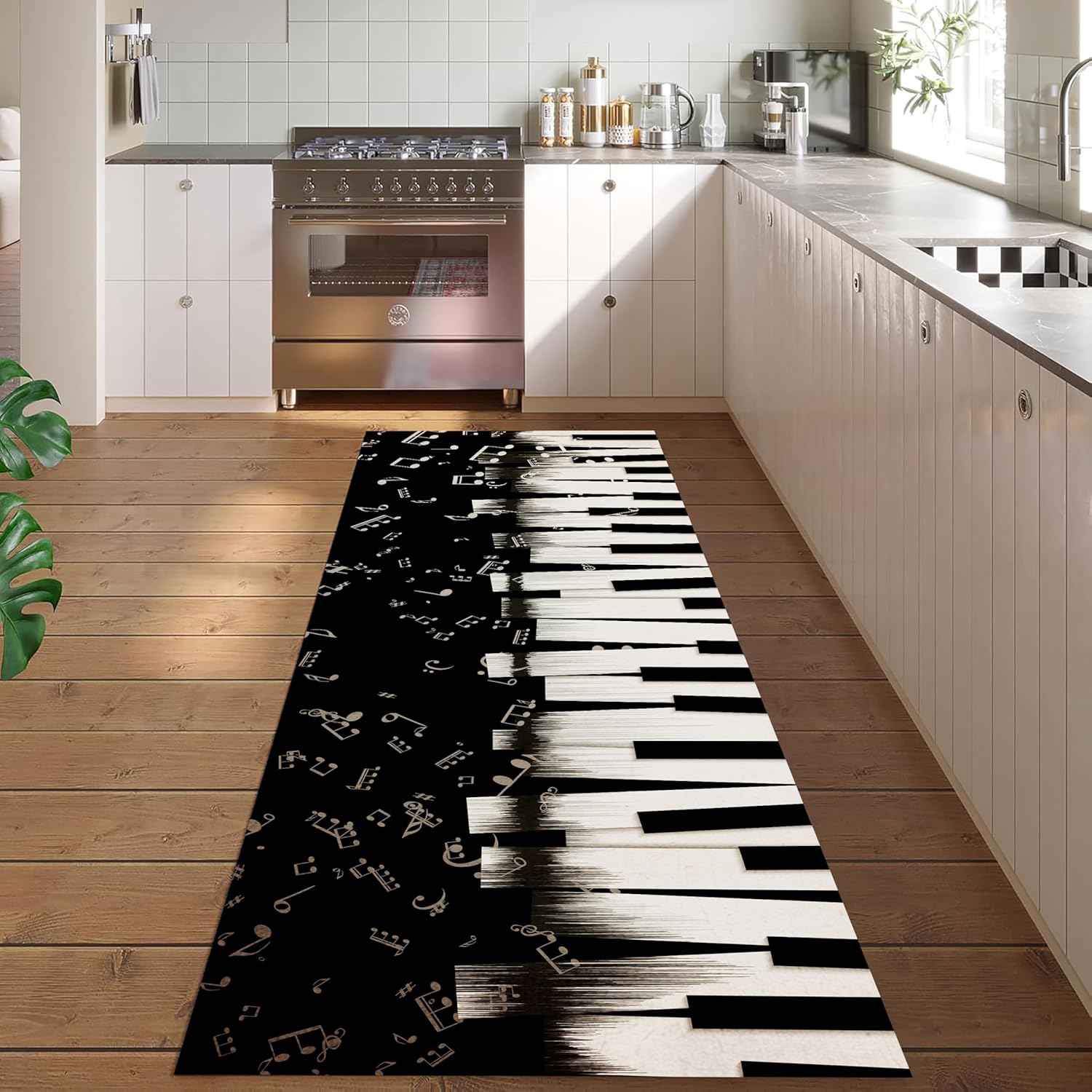Music Hallway Runner Rug，3.3x10ft Retro Black and White Piano Runner Rug Note Music Instrument Theme Black Indoor Non-Slip Rug, Office Playroom Floor Mat for Music Lovers Home Interior Decoration