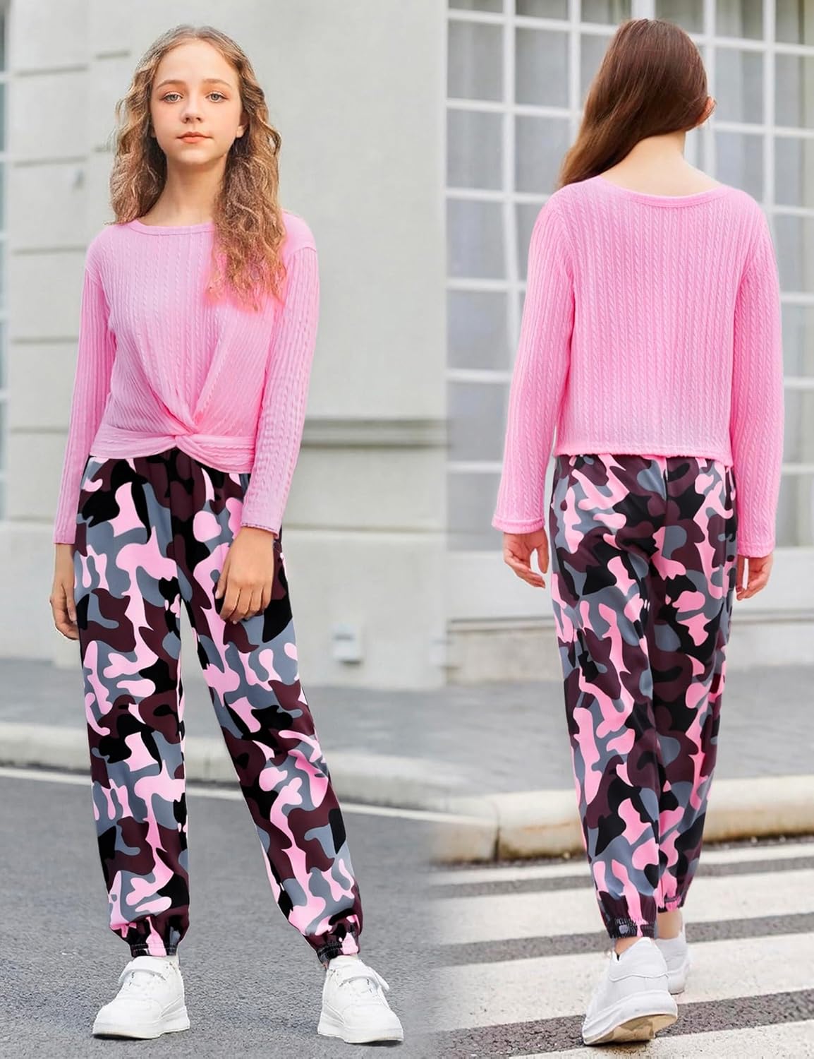 Girls' Clothing Sets Knit Crew Neck Twist Front Tops and Camo Elastic Waist Pants Girls Clothes - Image 4