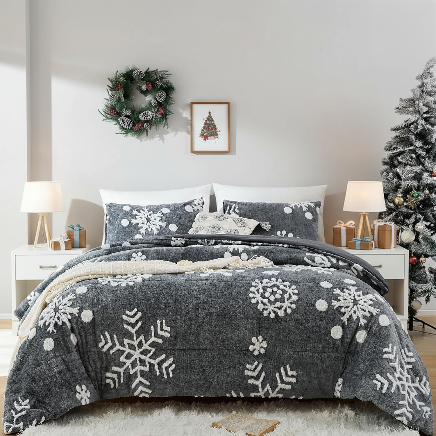 JANZAA Christmas Bedding King Size Comforter Set Velvet Dark Grey Comforter Set with White Snowflake Stereoscopic 3 Pieces King Size Bedding Sets Soft and Fluffy