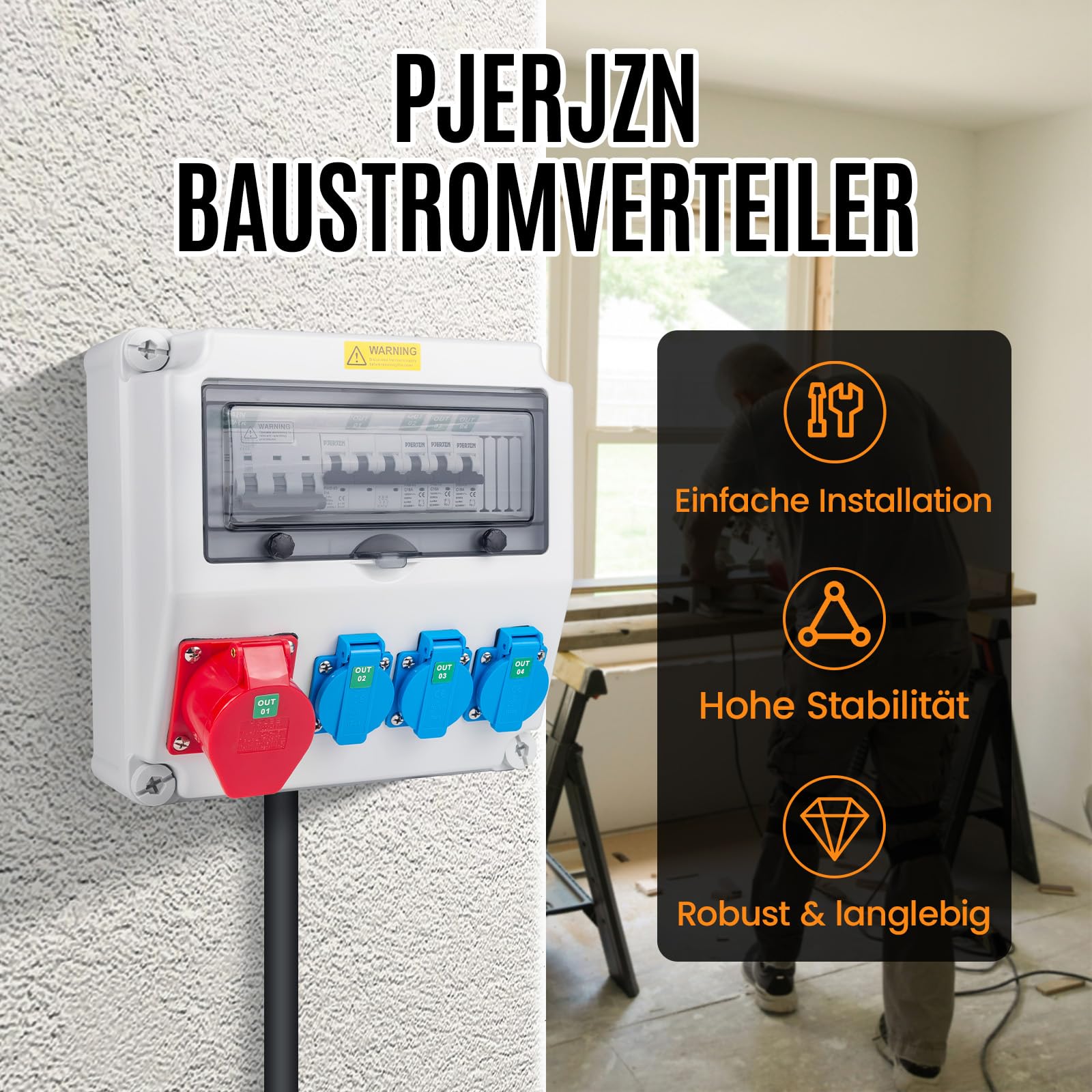 Baustromverteiler mit FI/LS RCBO Typ A 40A 30mA, Wandverteiler mit 16A CEE Steckdose,IP44 Starkstrom Verteiler für Baustelle und Werkstatt(3×16A 1P LS + 1×16A 3P LS+ 40A RCBO)