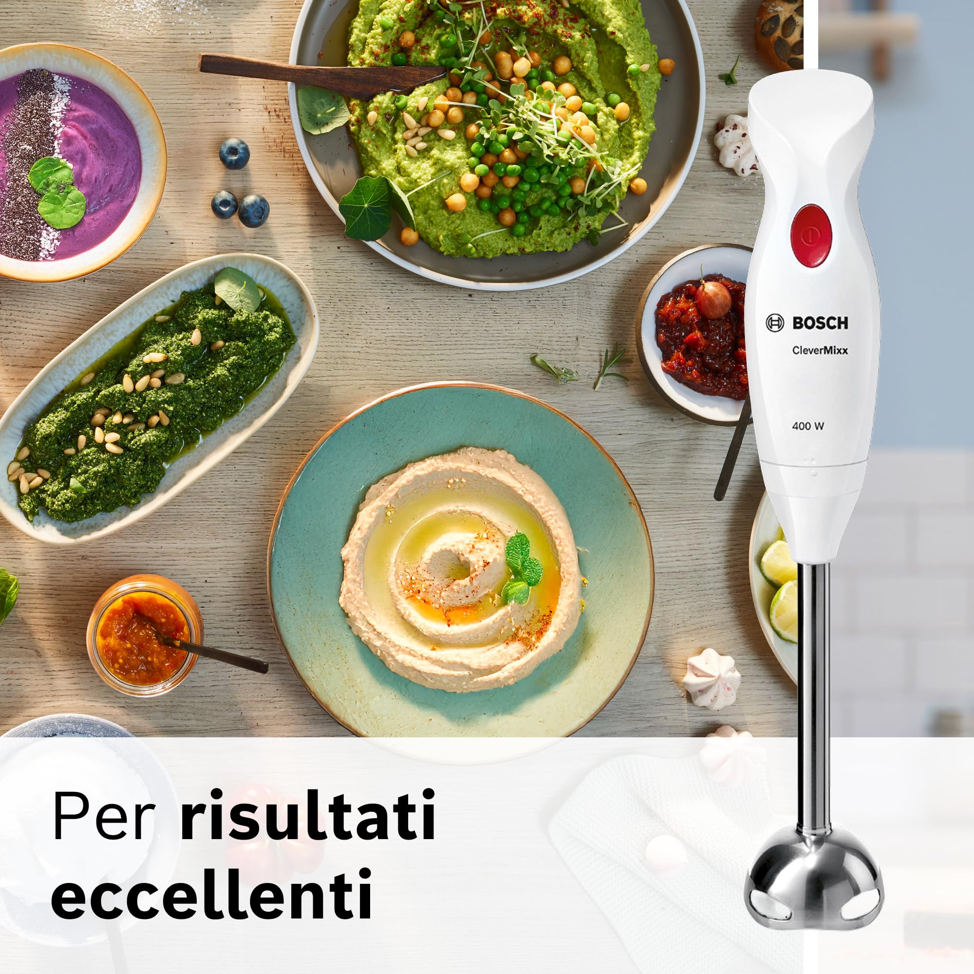 Bosch Frullatore a Immersione MSM24100, 400 Watt, Impugnatura Ergonomica, Piede in Acciaio Inox, Pratico Bicchiere Graduato Incluso, Bianco, Rosso