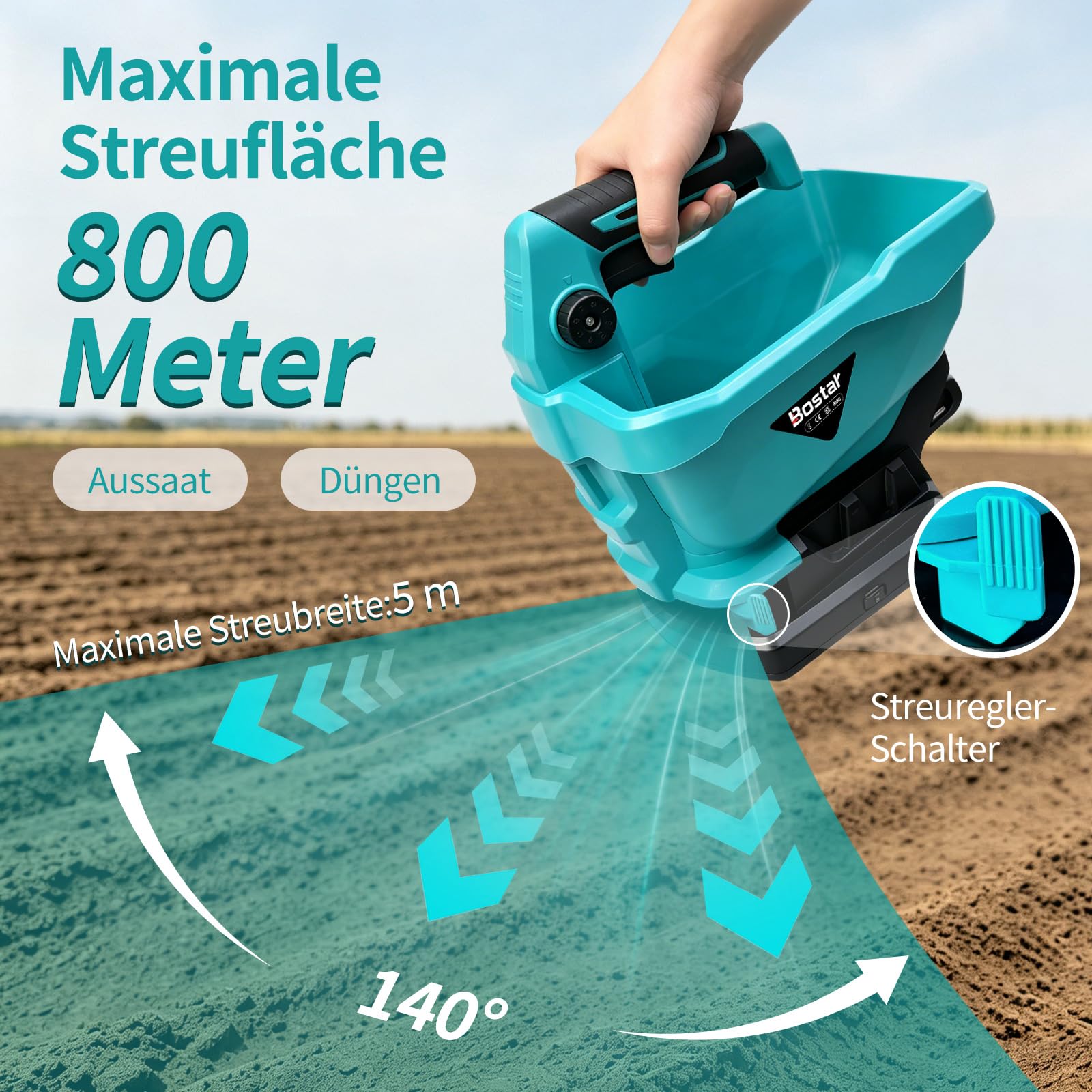 Bostar Akku-Düngerstreuer, kompatibel mit Makita 18V LXT Akkus, Handstreuer für Rasensaat, Dünger & Streusalz, 3,8L Kapazität, 6-stufige Geschwindigkeitsregelung, Edelstahl-Streurad