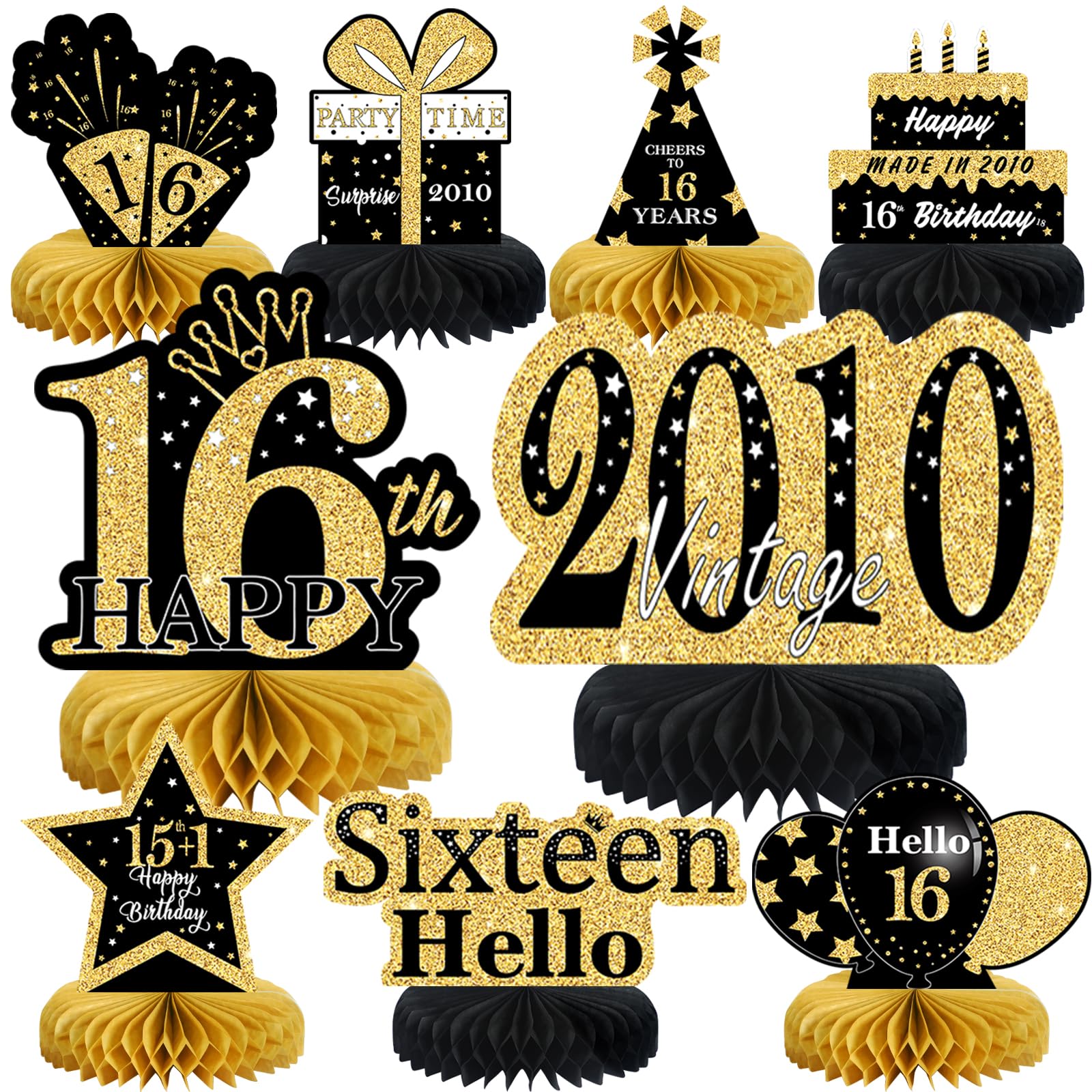 9Pcs Black Gold 16th Birthday Decorations Honeycomb Centerpieces for Boys Girls,Happy 16th Birthday Centerpieces Tables Toppers Party Decorations Supplies 16th Table Sign Decor