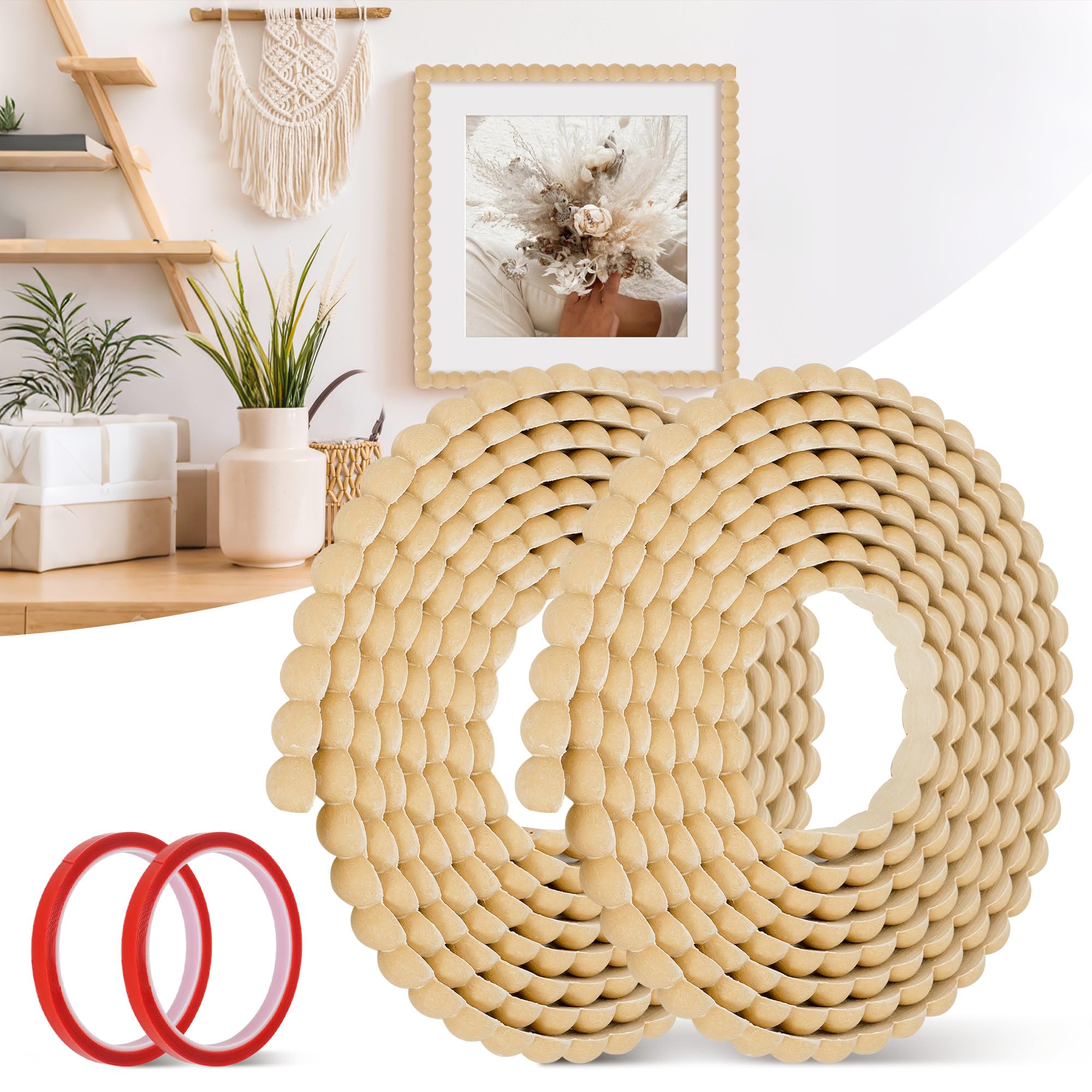 Rloao As Picture 6M/19.7Ft Wood Color Bead Molding Trim Self Adhesive, 15Mm Unfinished Half-Round Decorative Beaded Trim, Peel And Stick 3D Bobbin Molding Trim For Mirror Window Cabinet Door Frame Border