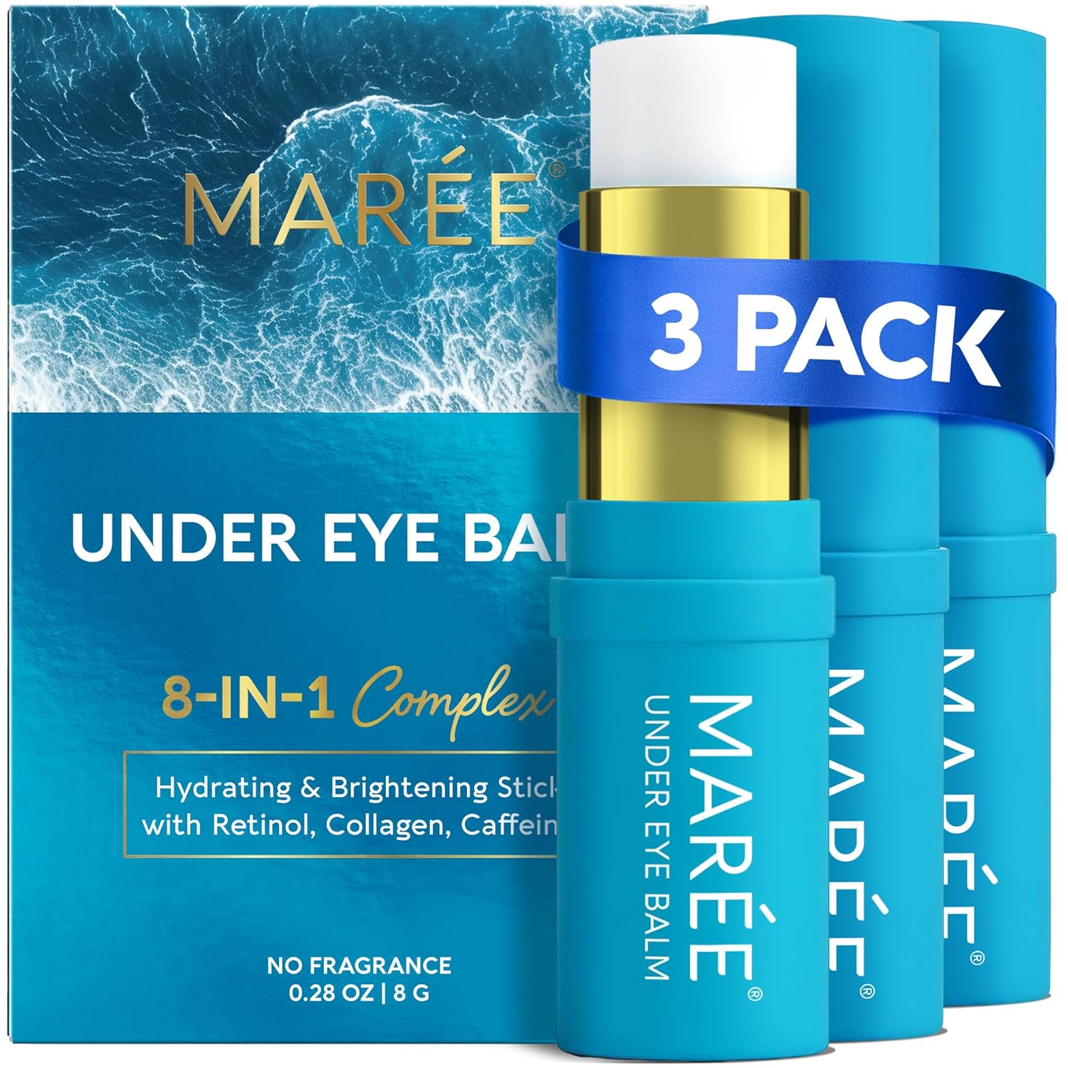 MAREE Under Eye Balm Stick Hydrating 3 PACK – Retinol Caffeine Under Eye Brightener Stick for Older Women – Collagen Undereye Cream for Dark Circles & Wrinkles – Skin Care Treatment Moisturizer