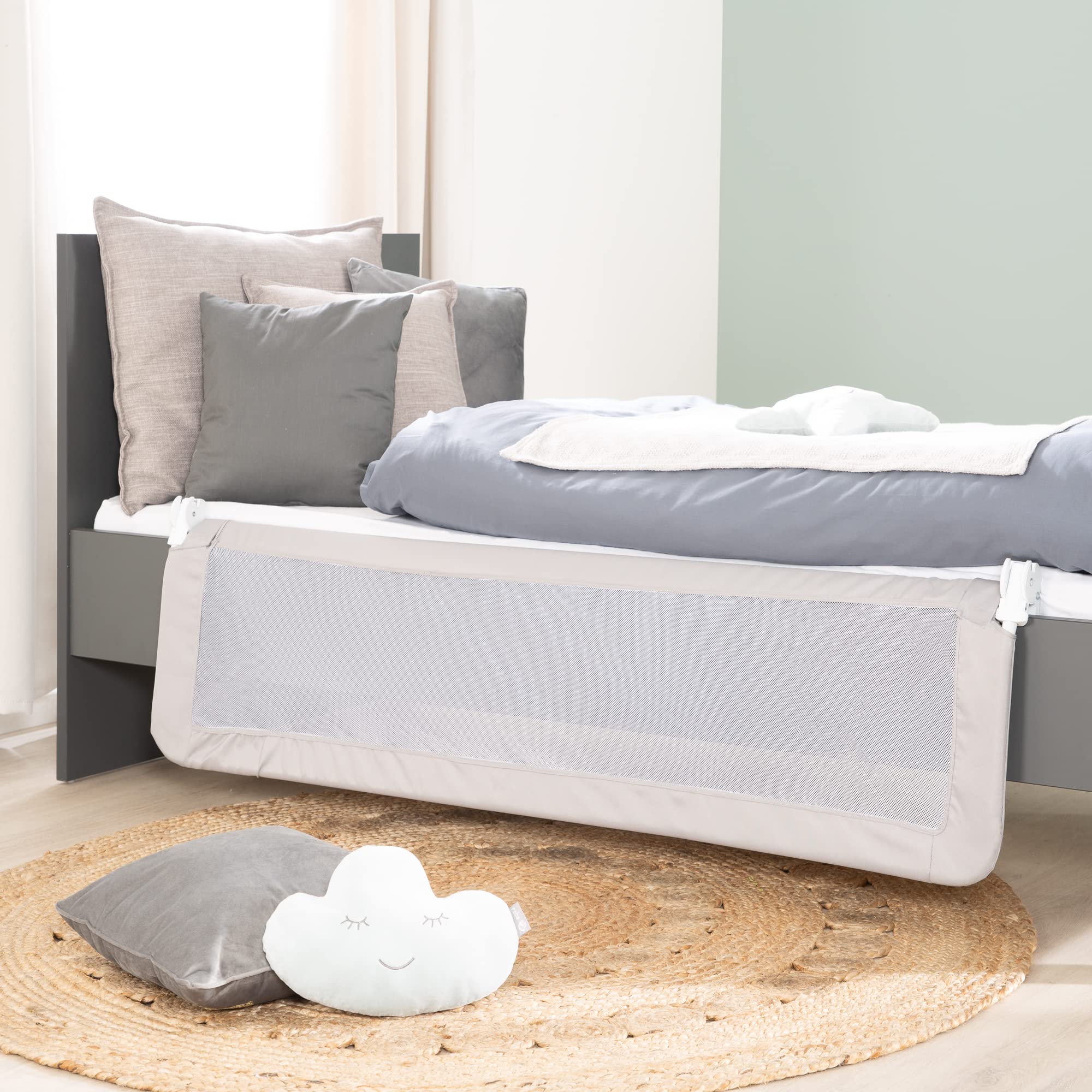 roba Barrière de Lit Enfant et Bébé Klipp-Klapp Inclinable et Antichute - Barre de Lit Rabattable - Longueur 100 cm - Hauteur 51 cm - Gris