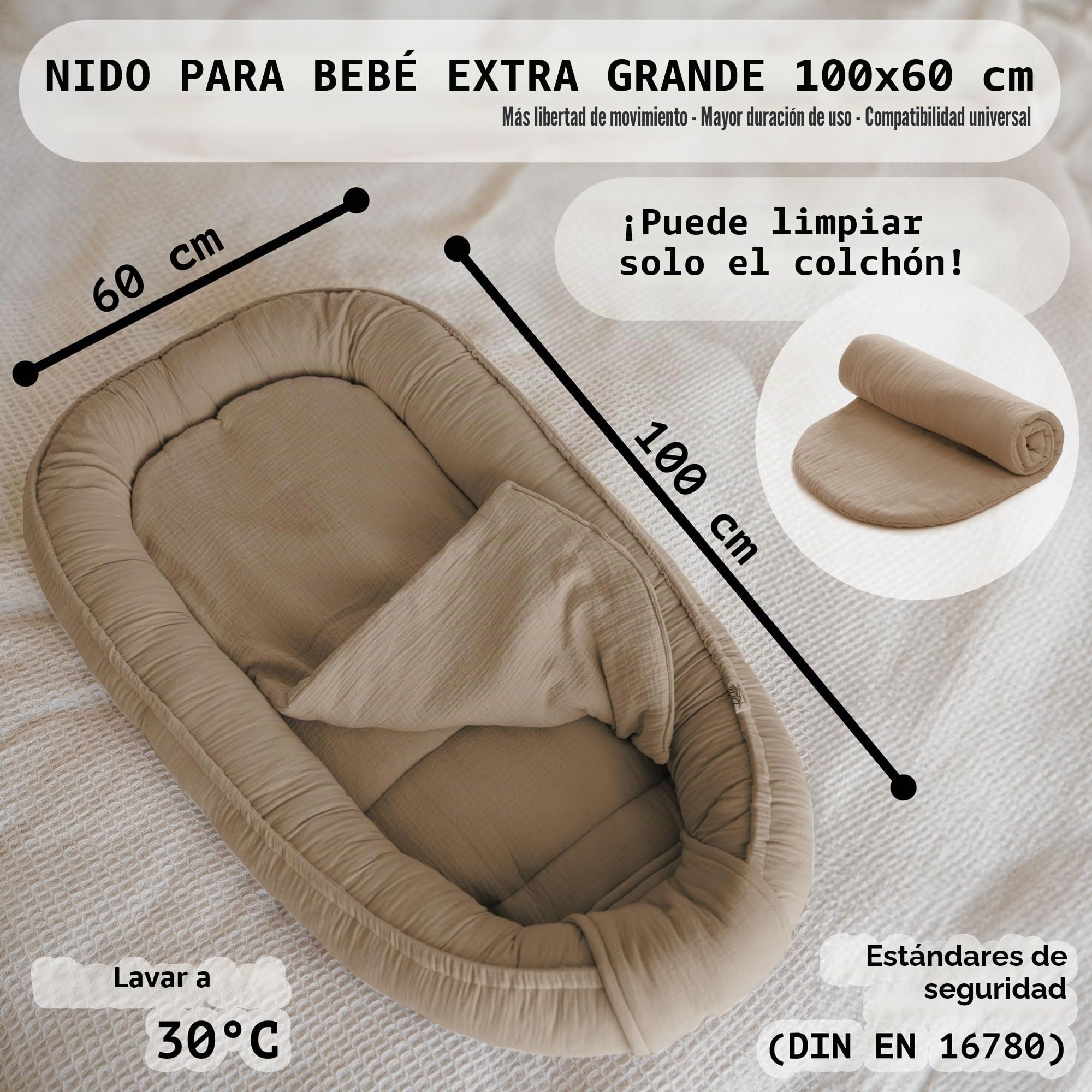 PaLulli® Nido de bebé 100x60 cm – Suave nido de muselina con colchón | Nido para dormir, capullo, cuna de viaje para recién nacidos | 100% algodón (Marrón)