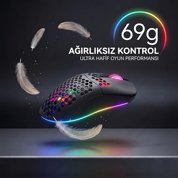 Kablolu RGB Gaming Mouse, 12800 DPI, 69g Ultra Hafif, Petek Gövde, 5 Milyon Tıklama Ömürlü, Instant 825 Optik Sensör, Örgü Kablolu Oyuncu Mouse MO-18 (Siyah)