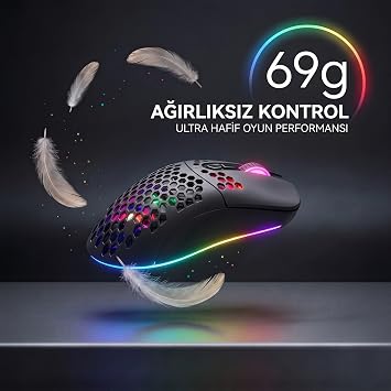 Kablolu RGB Gaming Mouse, 12800 DPI, 69g Ultra Hafif, Petek Gövde, 5 Milyon Tıklama Ömürlü, Instant 825 Optik Sensör, Örgü Kablolu Oyuncu Mouse MO-18 (Siyah)