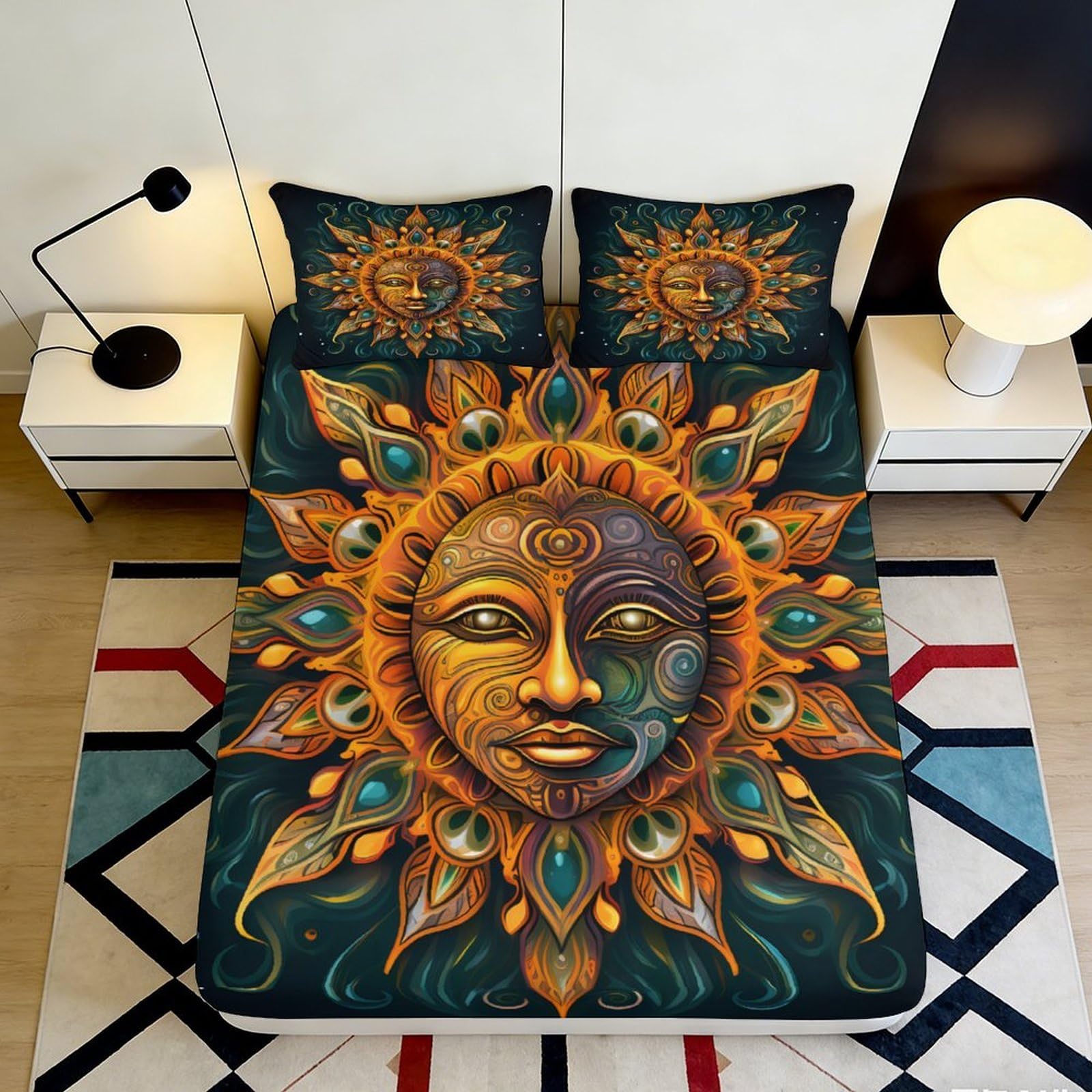 3D Printed Mandala Sun Fitted Sheet Microfiber Soft Breathable Peacock Feather Mattress Cover for Bedroom Guest Room Decor 90x200x25cm