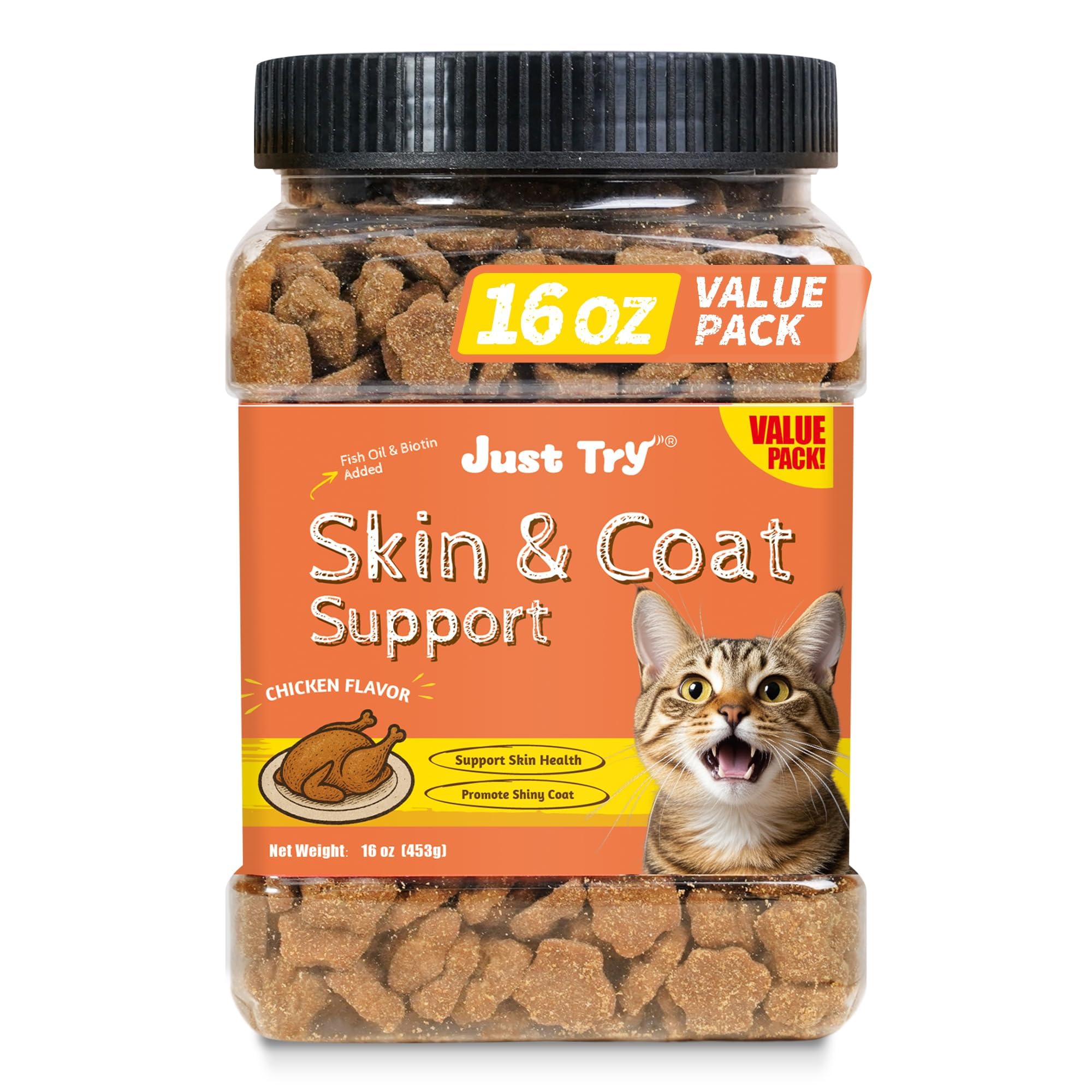 Just Try Cat Treats with Omega 3 & Salmon Oil, for Skin & Coat Support 453g
