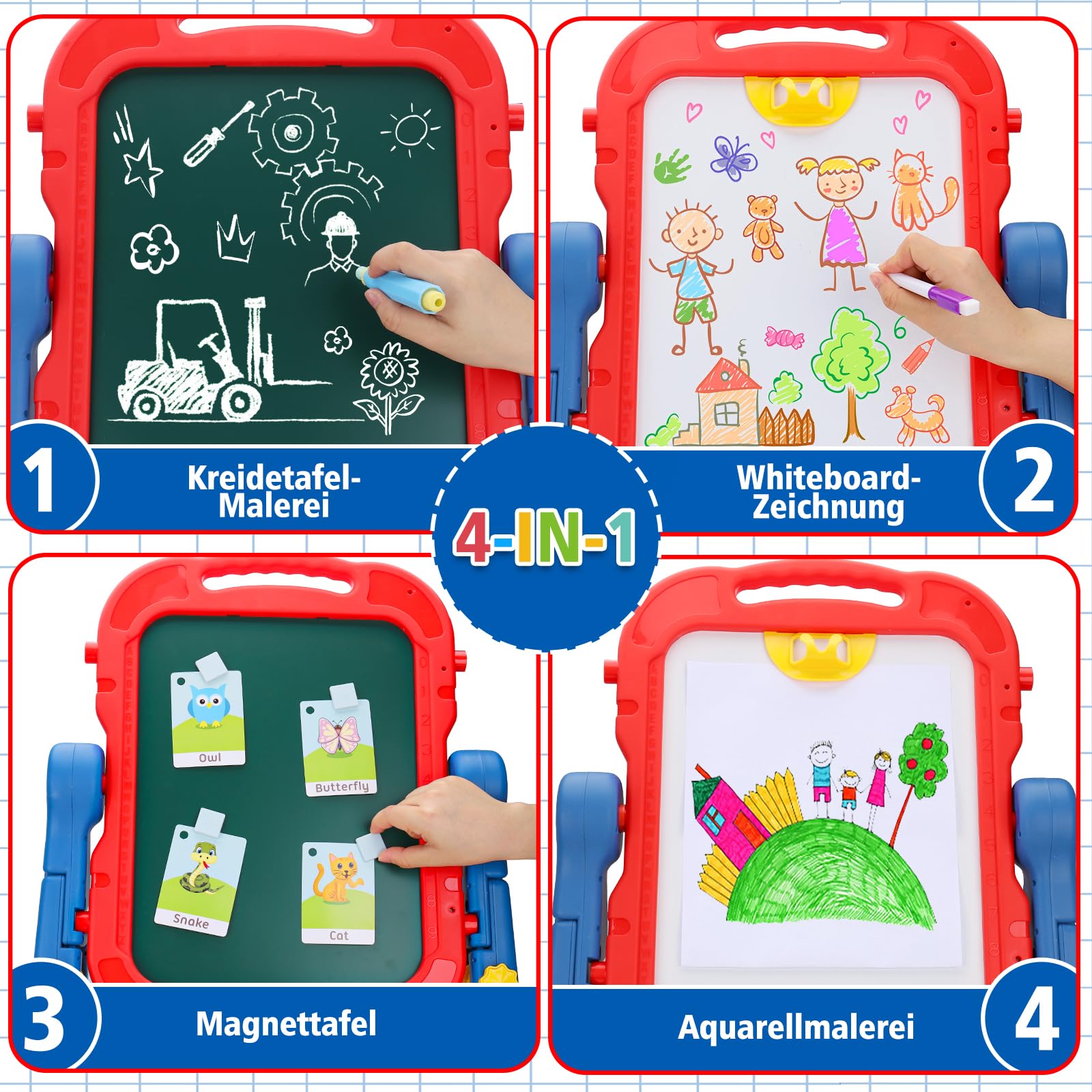 4 in 1 Kinder Staffelei Höhenverstellbare, Doppelseitige Kindertafel mit Magnetischer Kreidetafel & Whiteboard, Kinder Standtafel mit kreide und magnet ab 3 4 5 6 Jahre Geschenk (Rot)