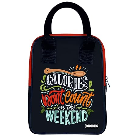 Raavi colors Washable Lunch Bag for Office Men, Women and Kids, Anti-lint Tiffin Bags for School, Picnic, Work, Carry Bag for Lunch Box Calories Don?t Count on The Weekend