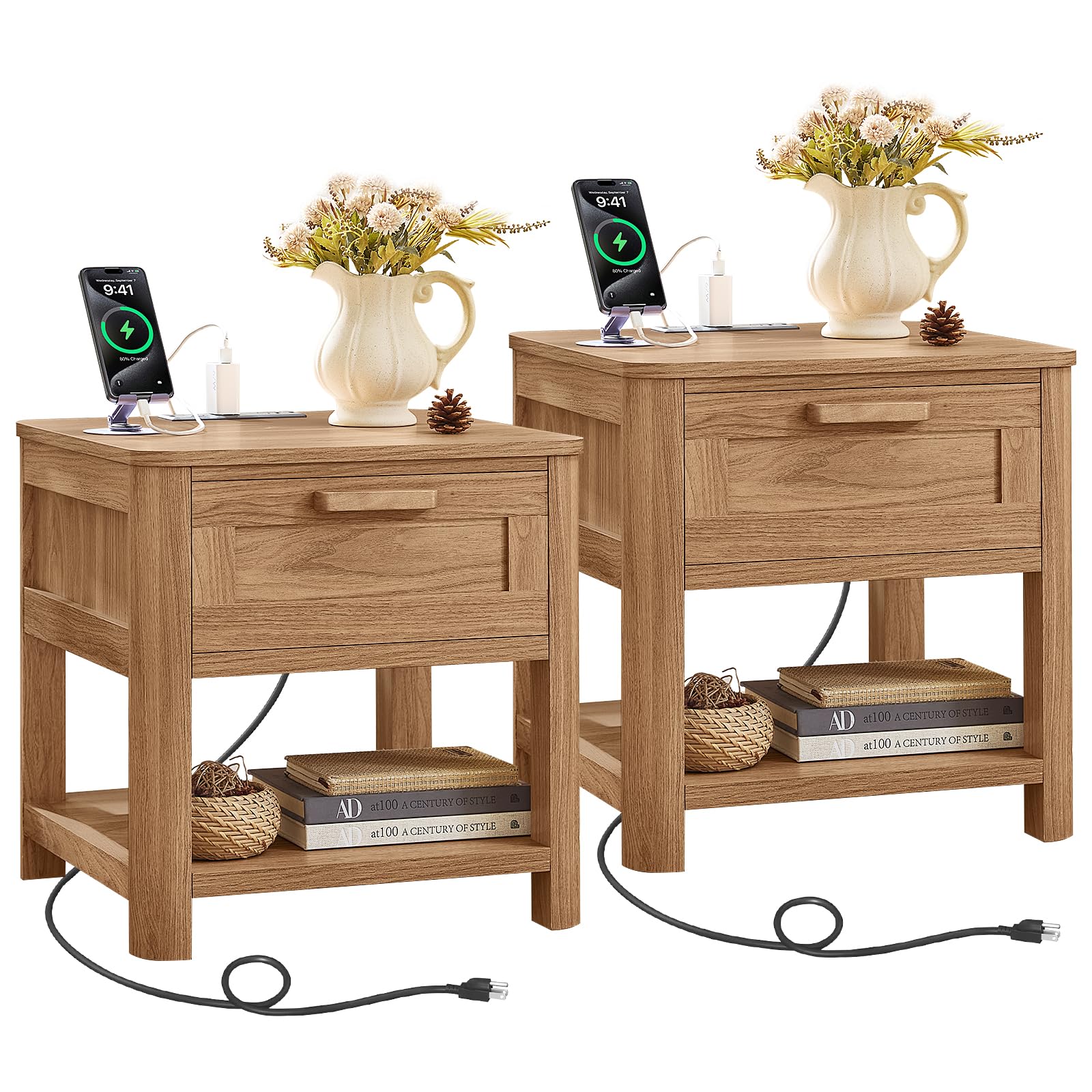 Joaxswe Farmhouse Night Stand Set of 2 with Charging Station, Brown