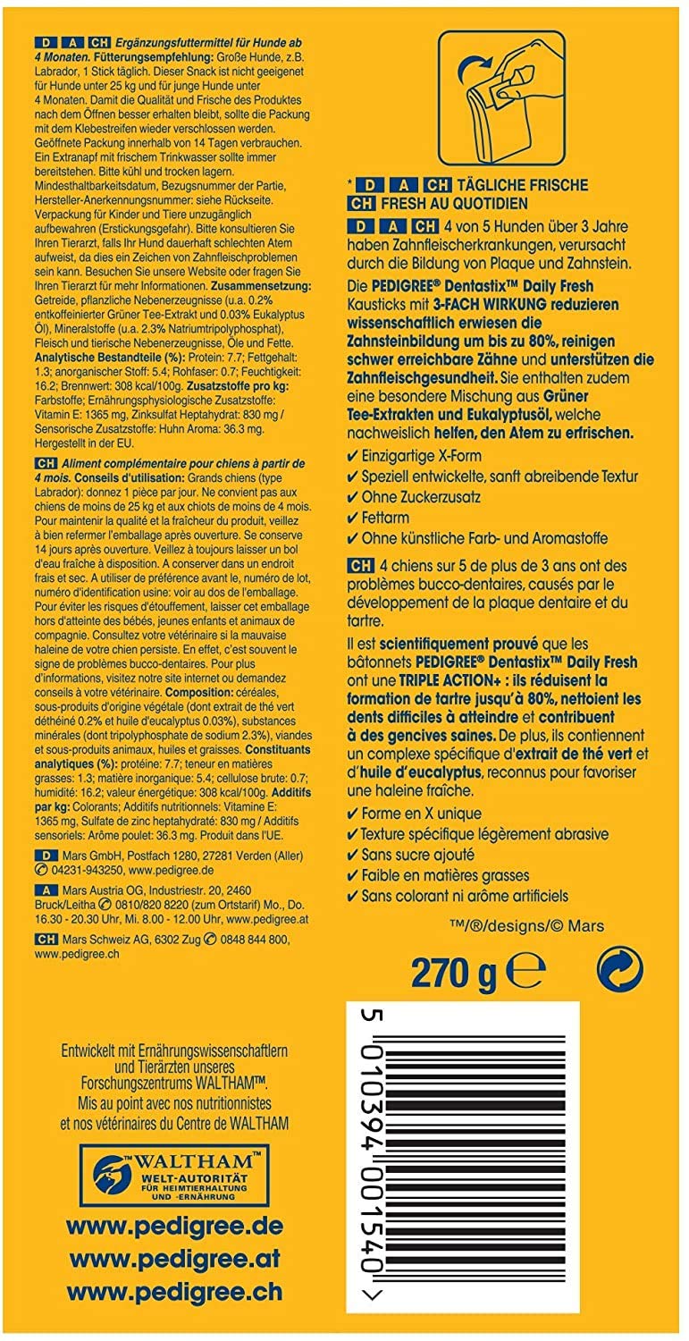 Pedigree DentaStix Fresh Hundeleckerli für große Hunde, Kausnack gegen Zahnsteinbildung, Für gesunde Zähne und einen frischen Atem, 4 er Pack, 4 x 28 Stück