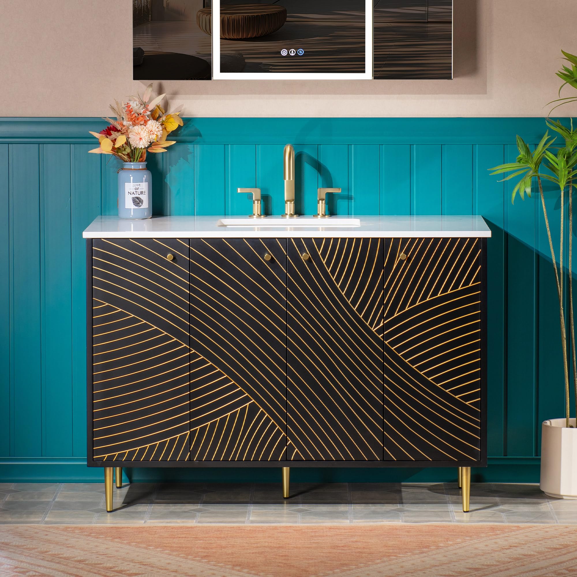 Woodbridge 48"x22" Bathroom Vanity with Single Ceramic Undermount Sink, White Engineered Stone Top, Hand-Painted Black &amp; Gold Accents, Sleek Thin-Leg Frame, Space-Saving for Modern Living