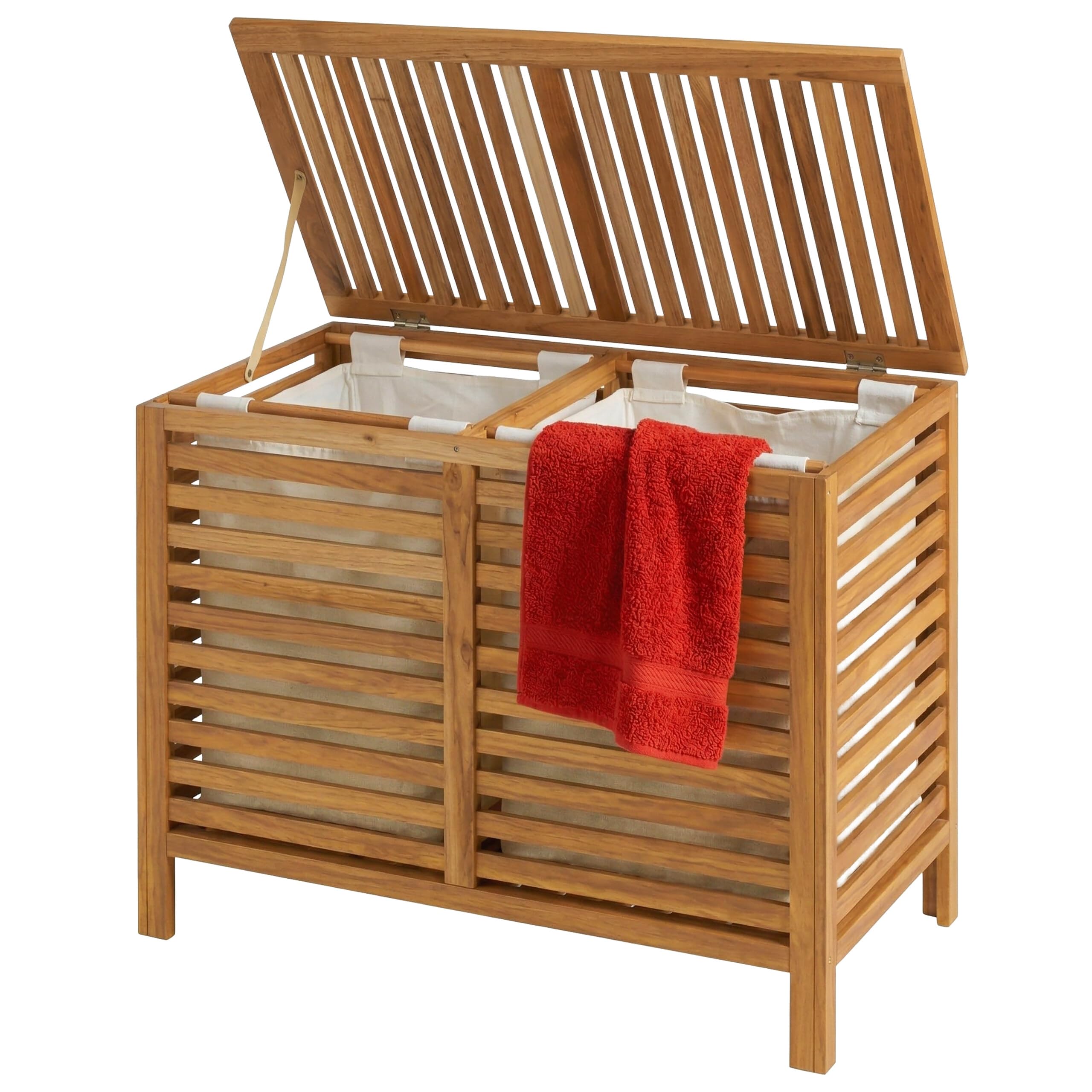 Relaxdays Wäschesammler 2 Fächer, Wäschetruhe 150 L, natur | entnehmbare Wäschesäcke, HBT: 67,5x89x46,5 cm, Walnussholz