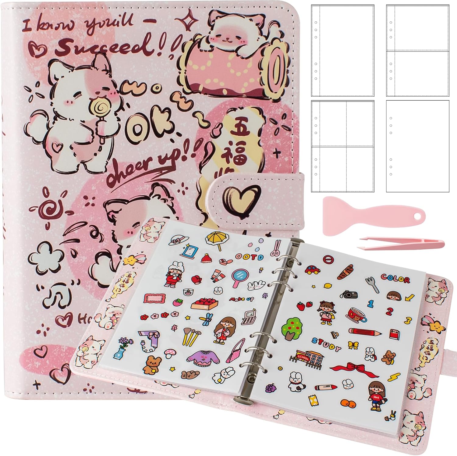 Reusable Sticker Book Collecting,A5 Binder Album Storage Organizer with Blank Release Paper and Pocket for Adult Kids,Cartoon Leather Binder Cover & Magnetic Buckle Closure(Blue)