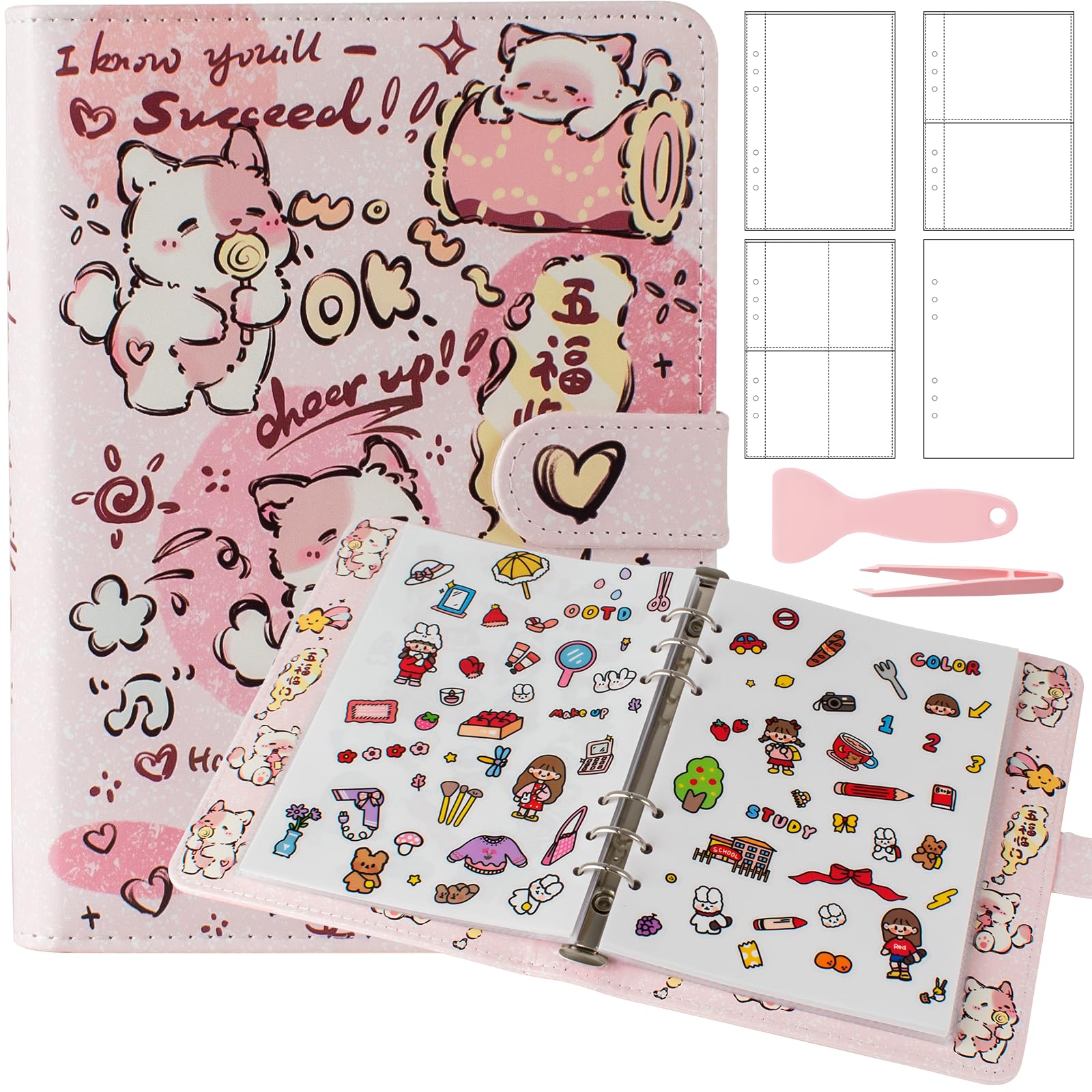 Photo 1 of Reusable Sticker Book Collecting,A5 Binder Album Storage Organizer with Blank Release Paper and Pocket for Adult Kids,Cartoon Leather Binder Cover & Magnetic Buckle Closure(Pink)