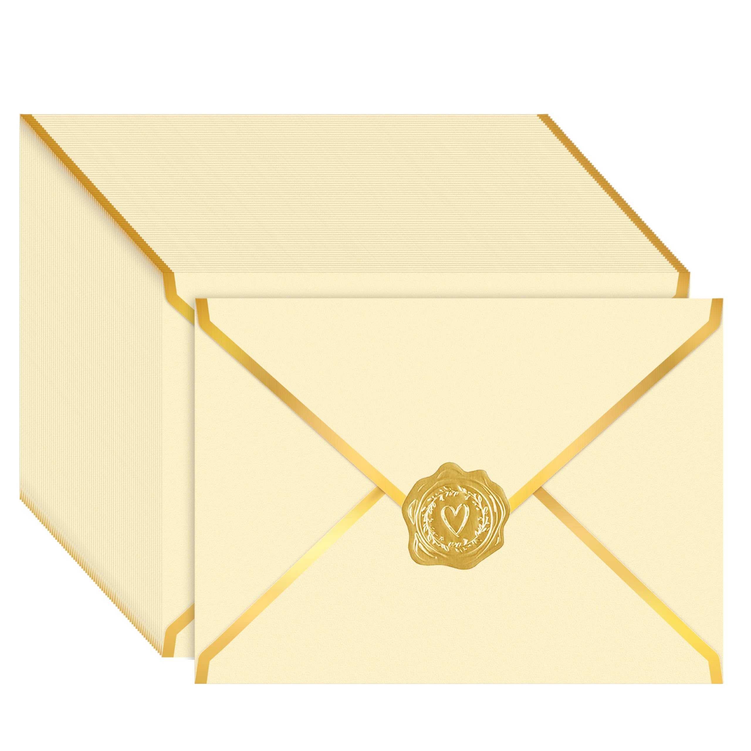 AVERZELLA 100 Pack 5x7 A7 Envelopes for Invitations, 250g Thick Shimmer Cardstock 4x6 Envelopes with Gold Foil V Flap &Sealer,A6 Envelope for Gift