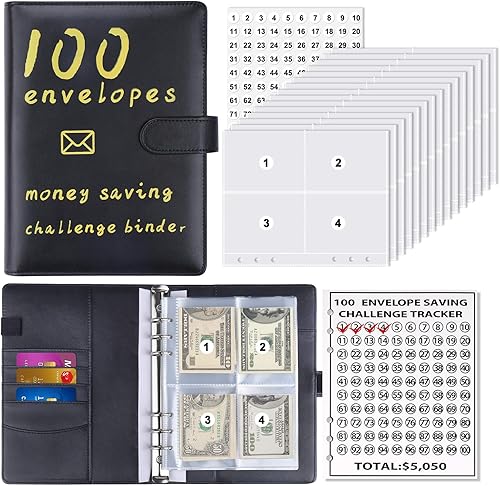 Libro de desafíos de ahorro de dinero con 100 sobres, carpeta de presupuesto de almacenamiento, libro de presupuesto, caja de desafíos de ahorro de